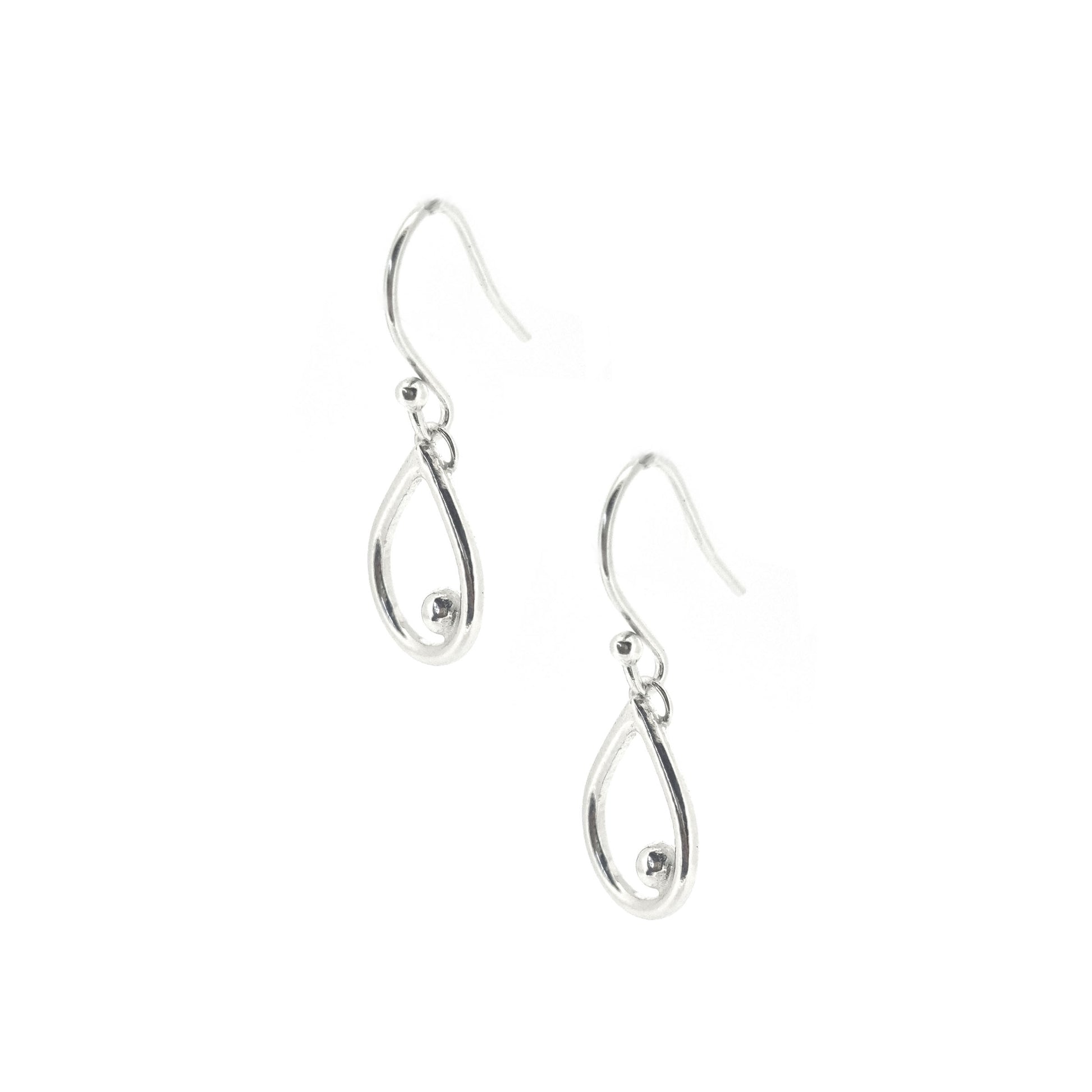 Silver drop earrings featuring an open teardrop shape with an off-centre ball. Small.