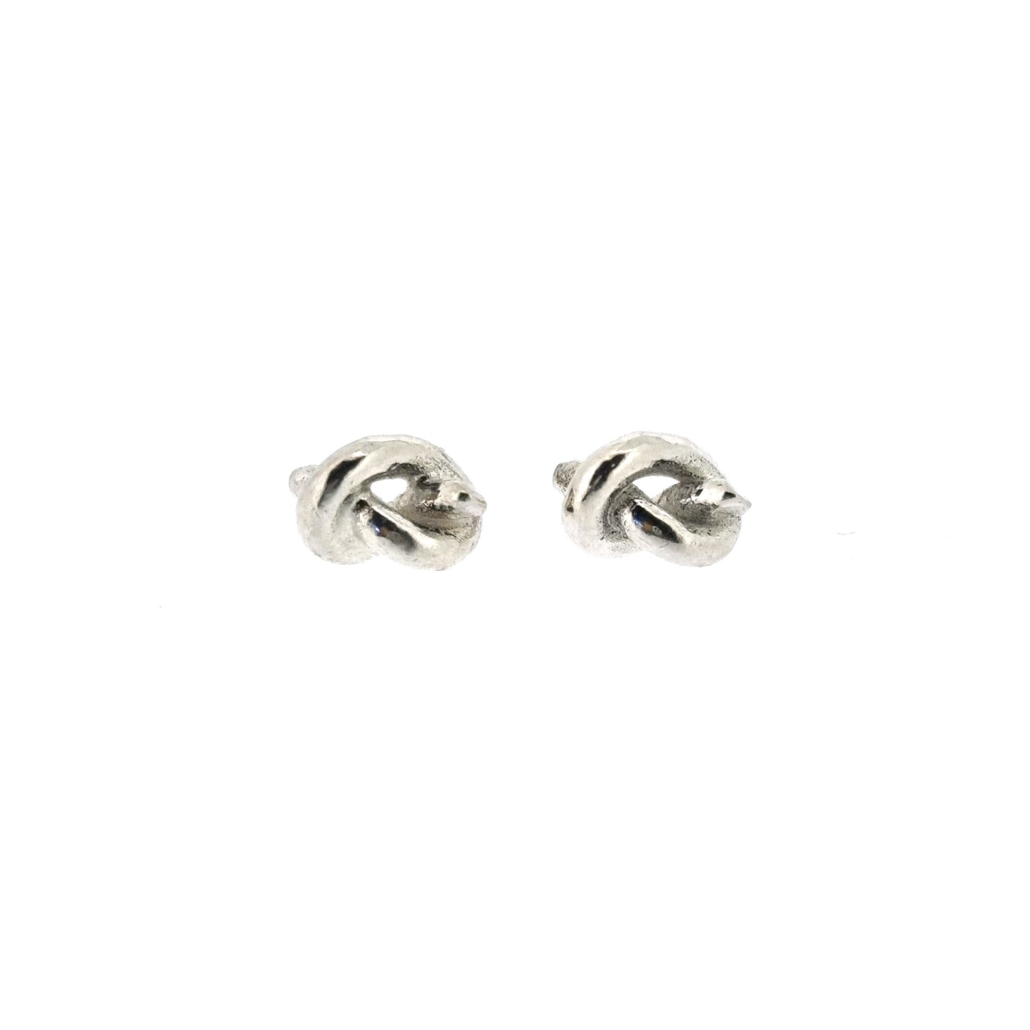 Silver stud earrings in the shape of a knot in a piece of string.