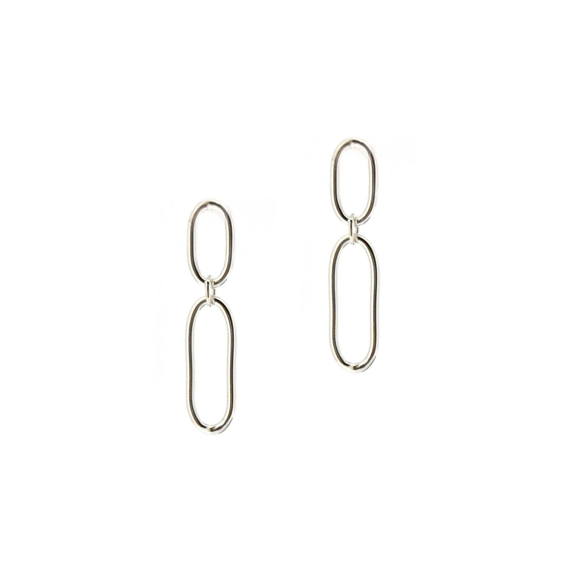 Silver drop earrings featuring two open oblong links of different sizes.