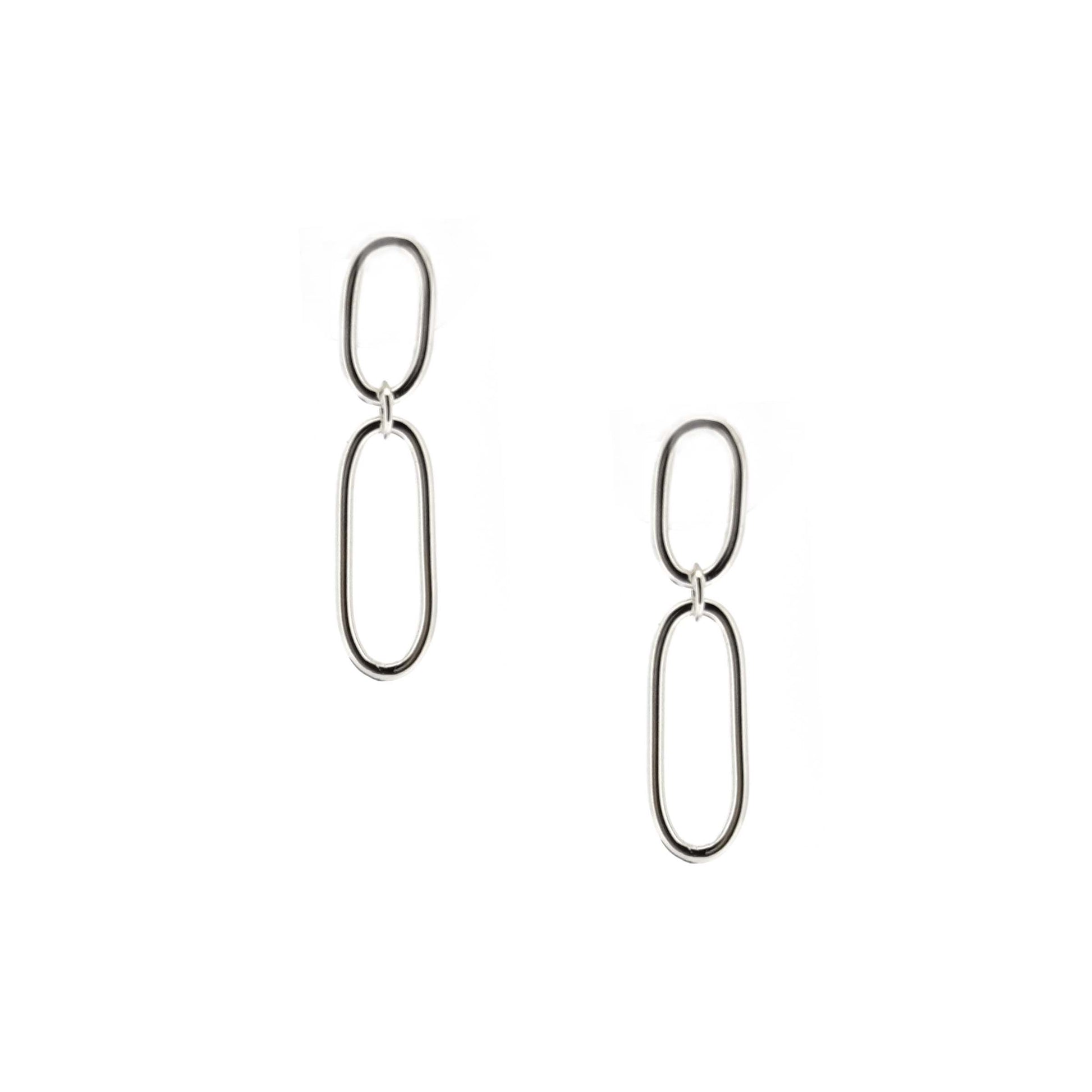 Silver drop earrings featuring two open oblong links of different sizes.