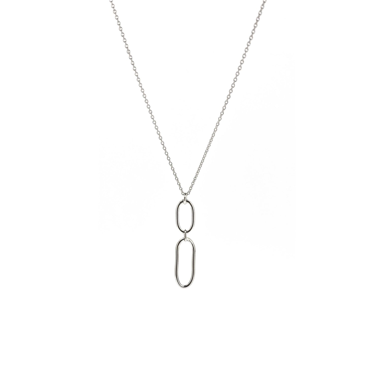 A silver pendant featuring 2 open oblong shapes on a silver chain.