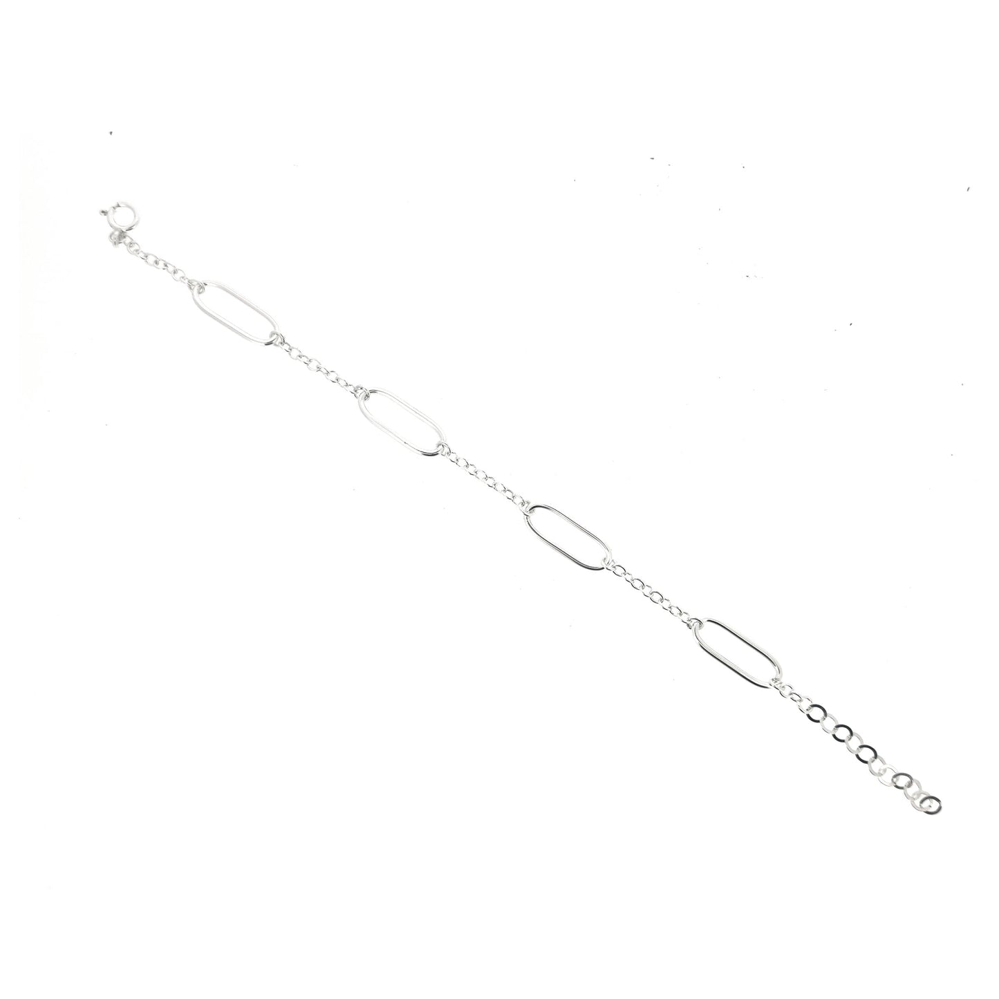 A silver bracelet with 4 oblong oval links set between round linked chain.