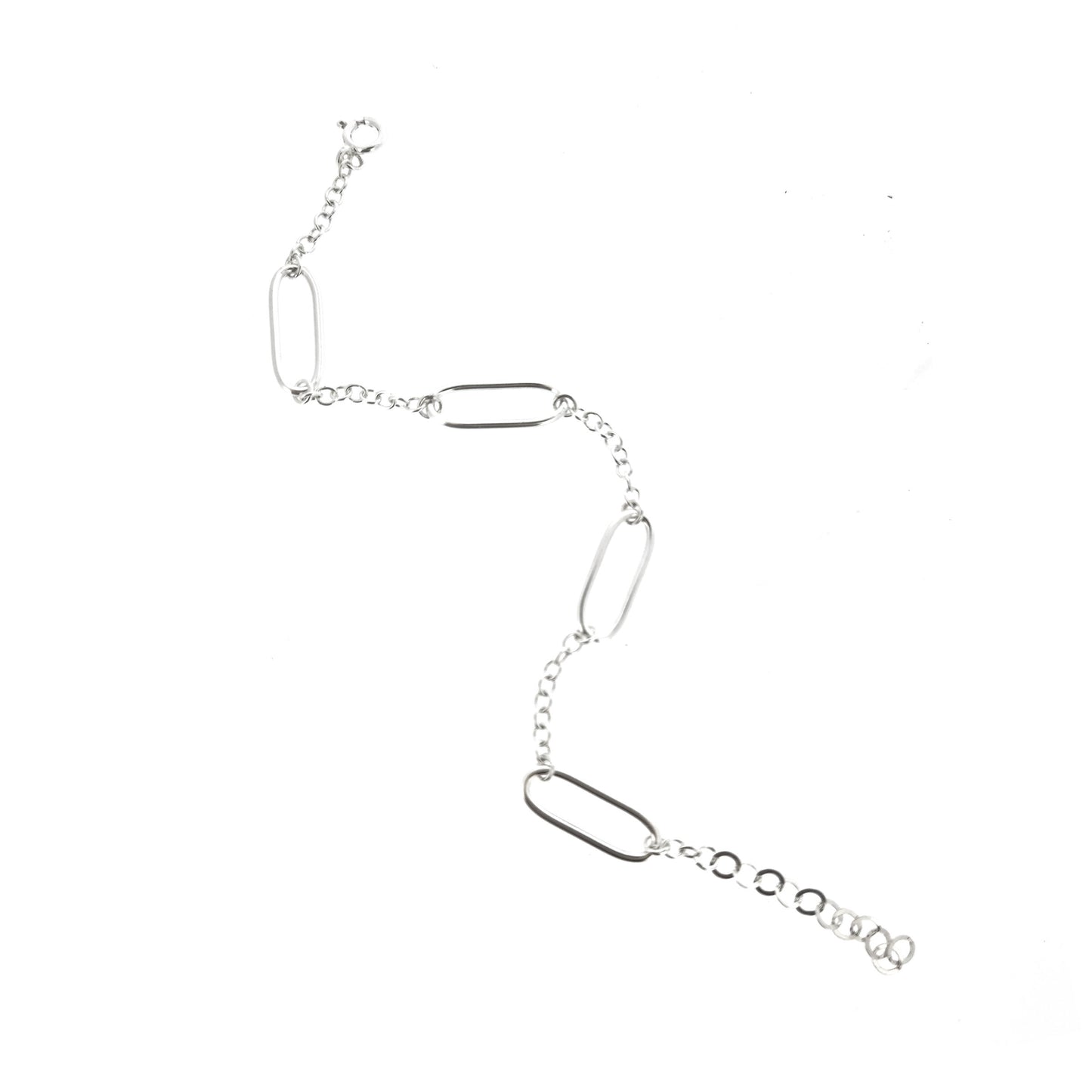 A silver bracelet with 4 oblong oval links set between round linked chain.