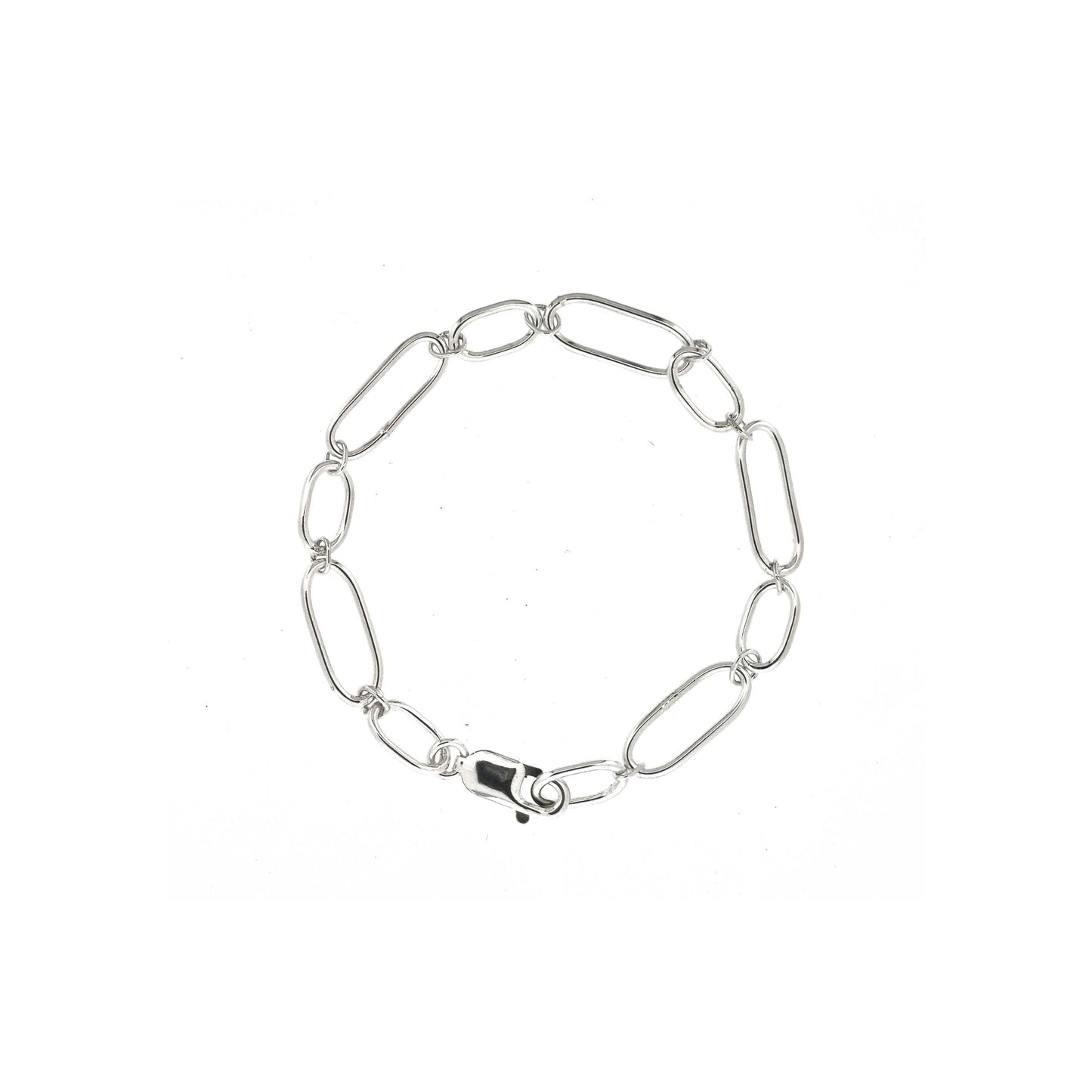 Silver chain bracelet with oblong links of different sizes.