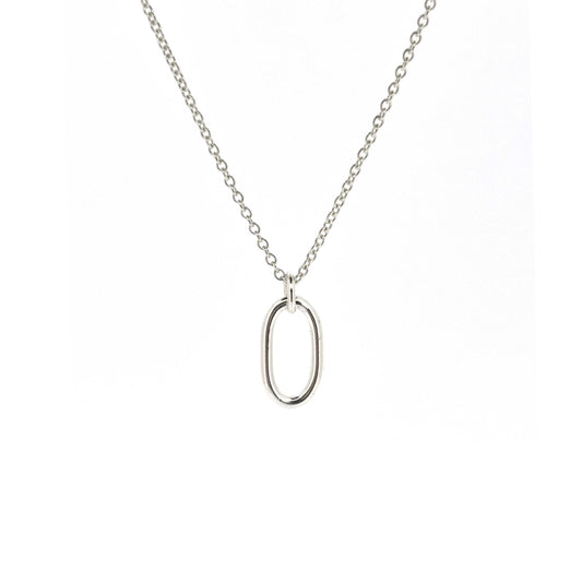 An open oblong pendant on a silver chain.
