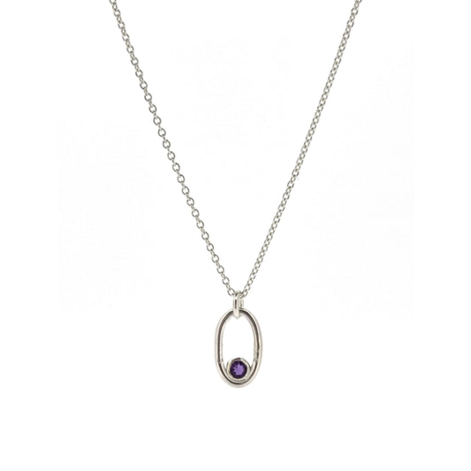 A silver open oblong pendant with a purple amethyst gemstone set in the curve, on a silver chain.