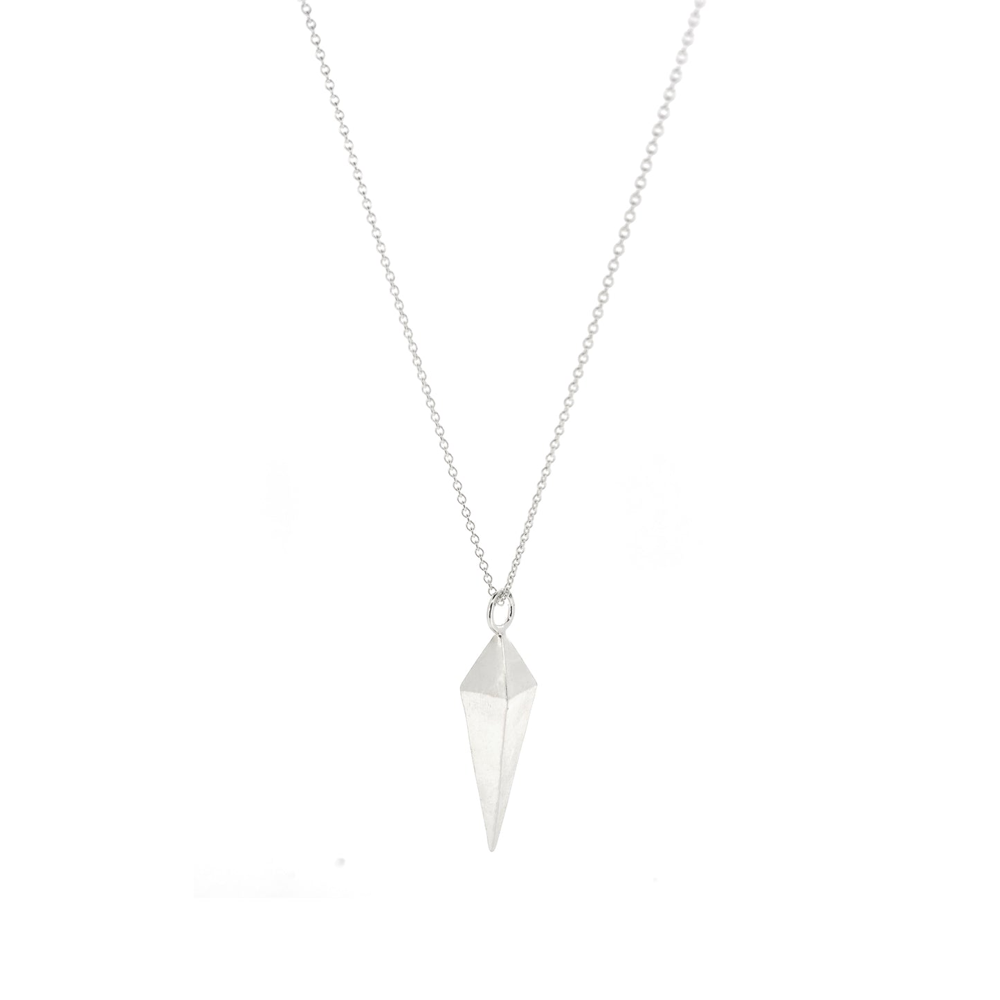 A silver geometric diamond shaped pendant on a silver chain.