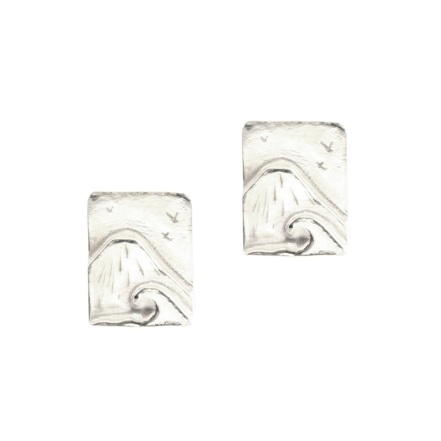 Rectangular silver stud earrings with a mountain scene featuring a sea with a large wave in front of Mount Fuji and birds flying in the sky.