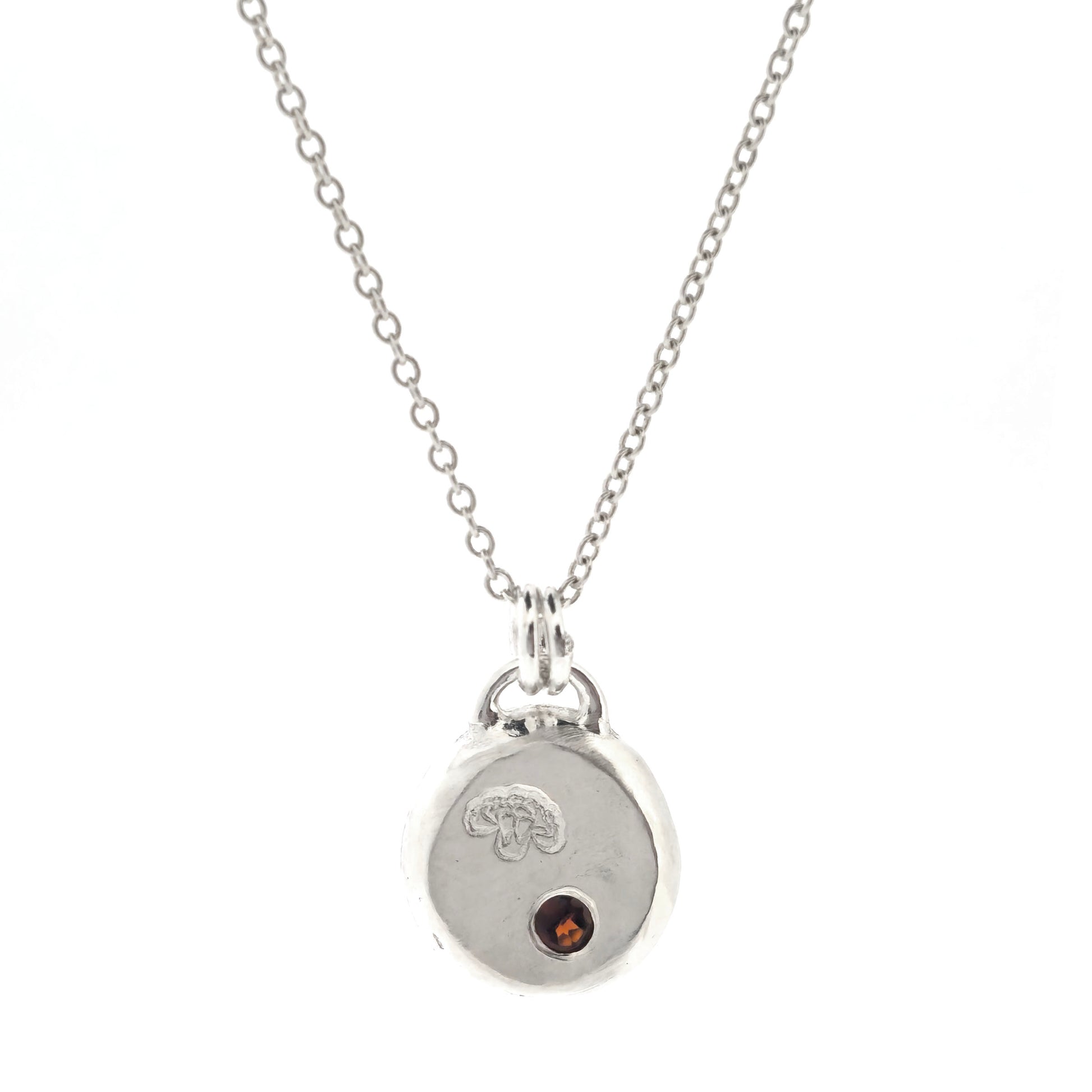 A round silver flat pebble pendant with a carnation flower (January's birth flower) engraved on it and a red garnet gemstone (January's birthstone) flush set into it. On a silver chain. On a white background.