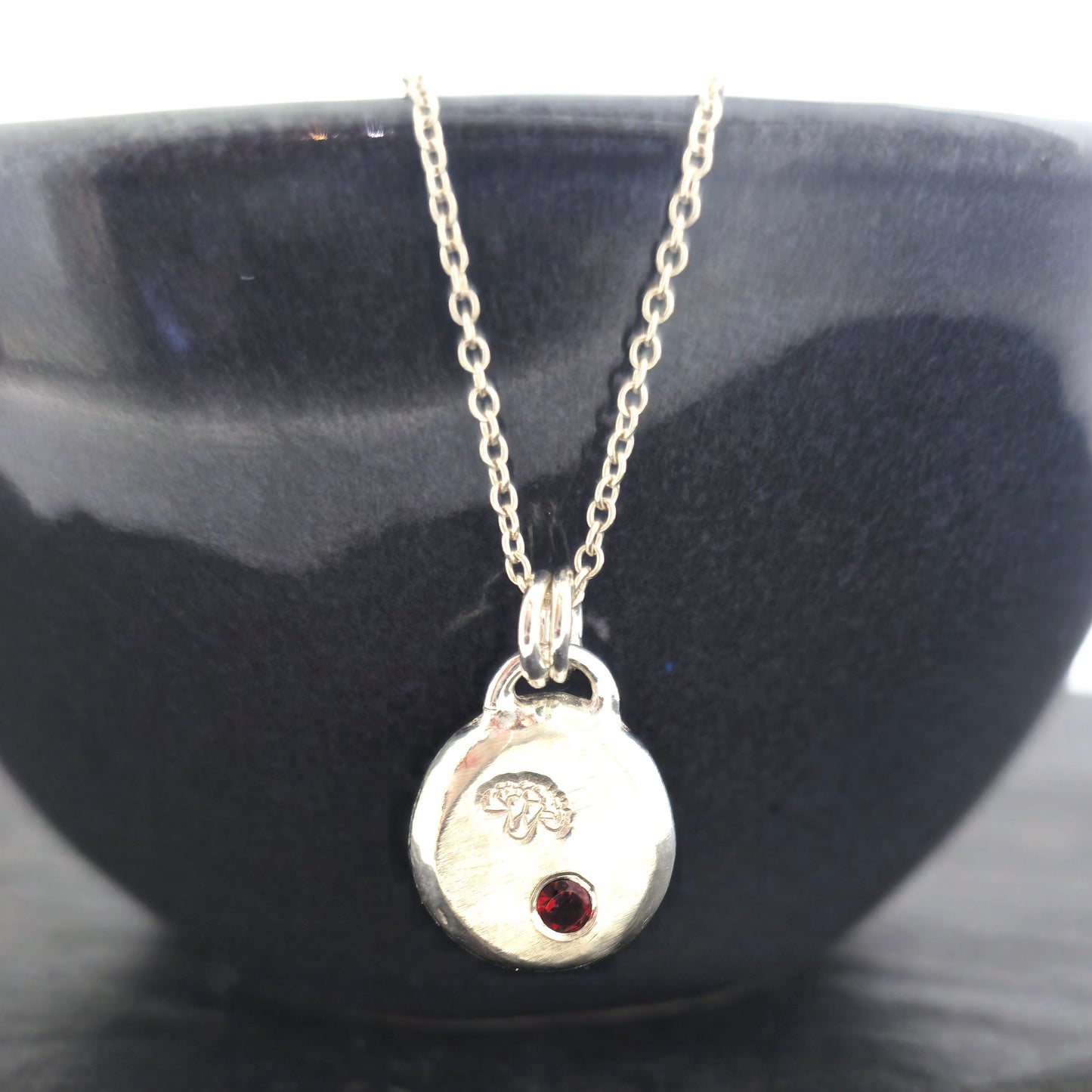 A round silver flat pebble pendant with a carnation flower (January's birth flower) engraved on it and a red garnet gemstone (January's birthstone) flush set into it. On a silver chain. On a black background. Mijoux Jewellery.