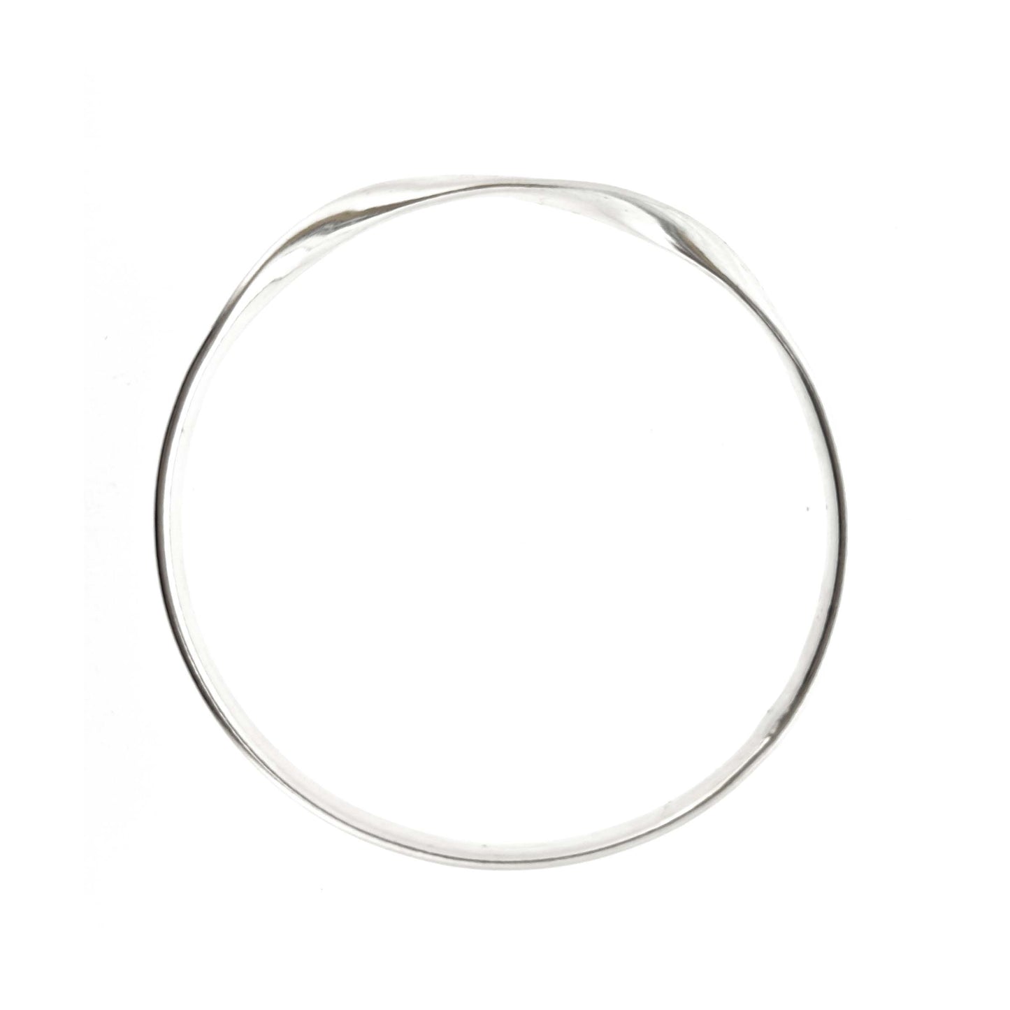 Round silver bangle with oval profile and a twist in one part.