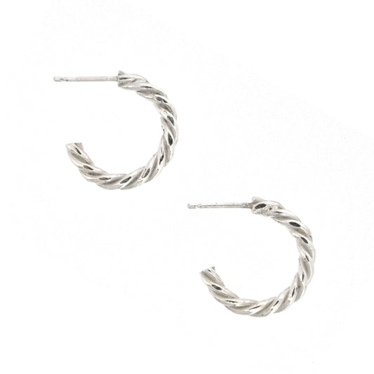 Silver twisted rope hoop earrings. Side view.