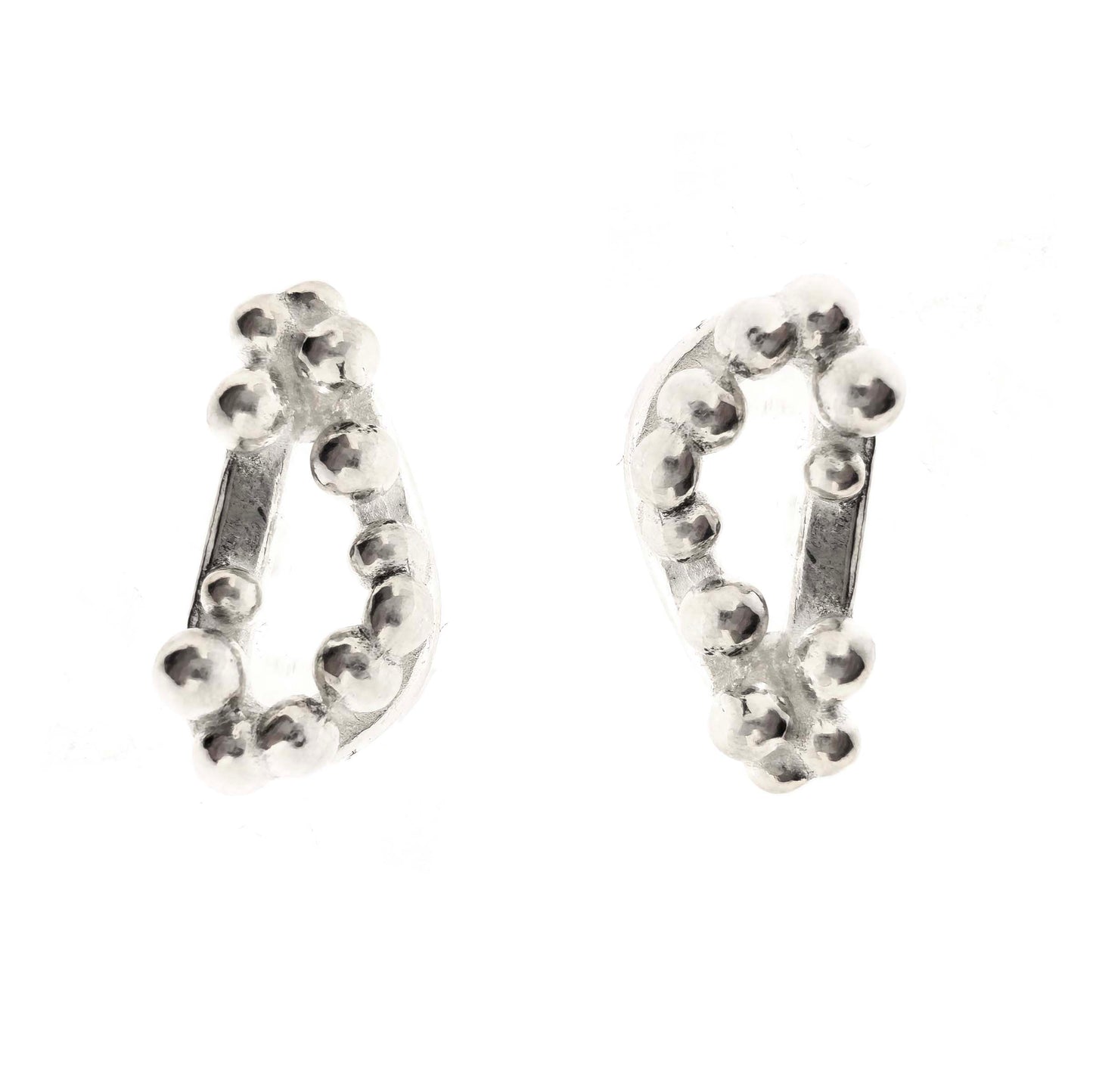 Silver stud earrings with an open soft triangle shape and silver balls.
