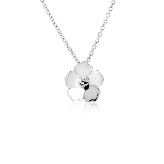 A silver 5 petal flower pendant on silver chain - small