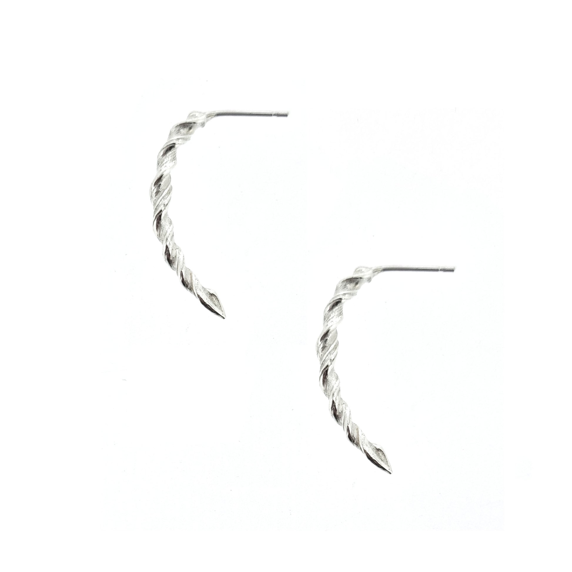 Silver twist curved drop earrings with post fitting.