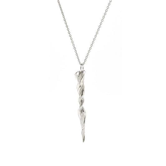 A silver twist pendant with line pattern on a silver chain.