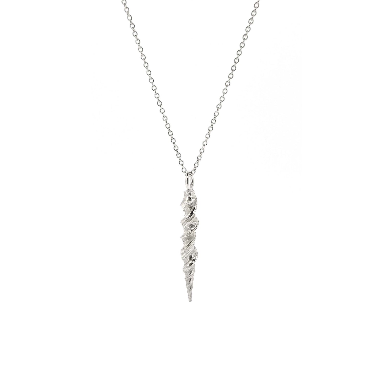 A silver twist pendant with rustic detail on a silver chain.