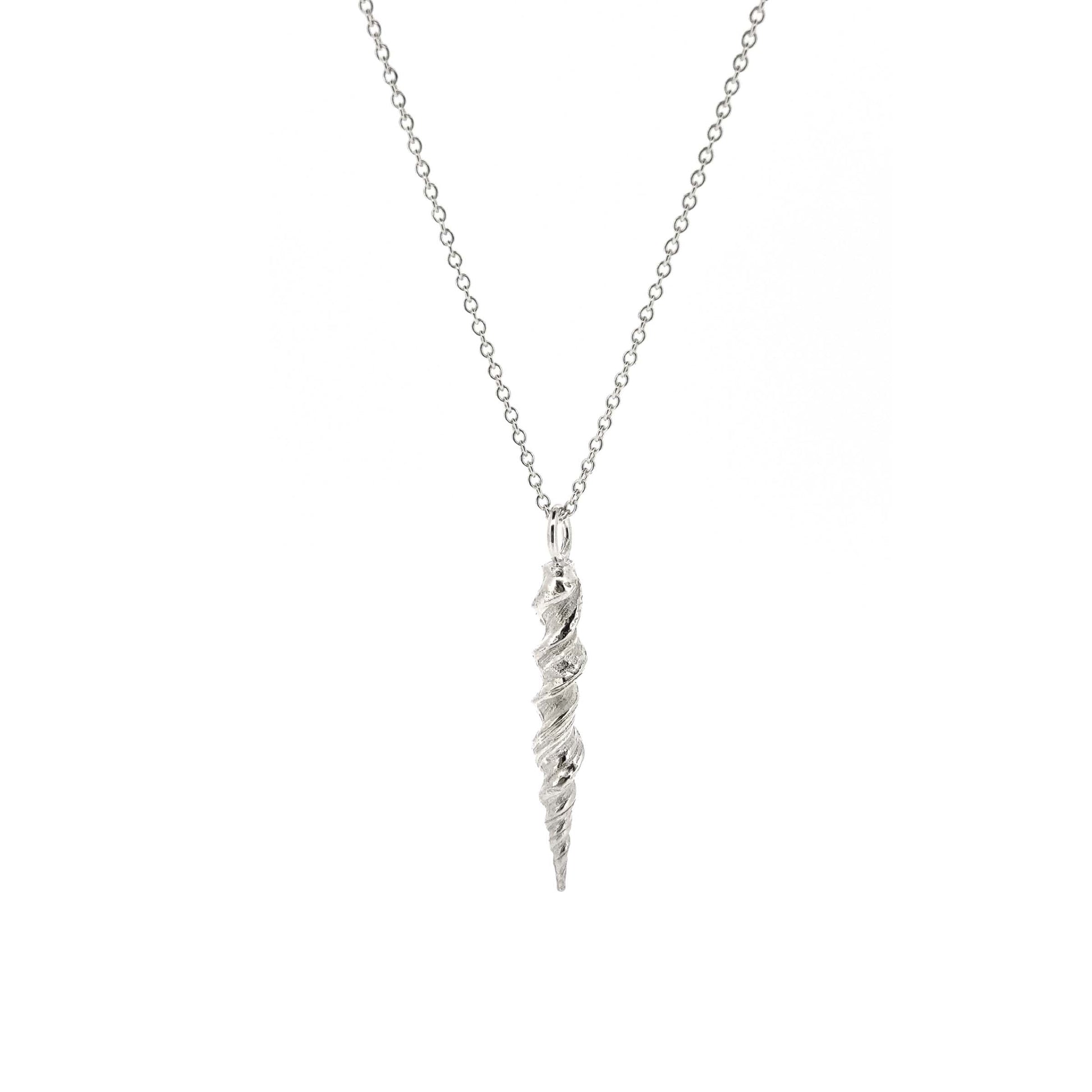 A silver twist pendant with rustic detail on a silver chain.