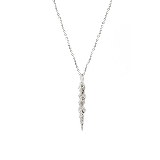 A silver twist pendant with rustic detail on a silver chain.