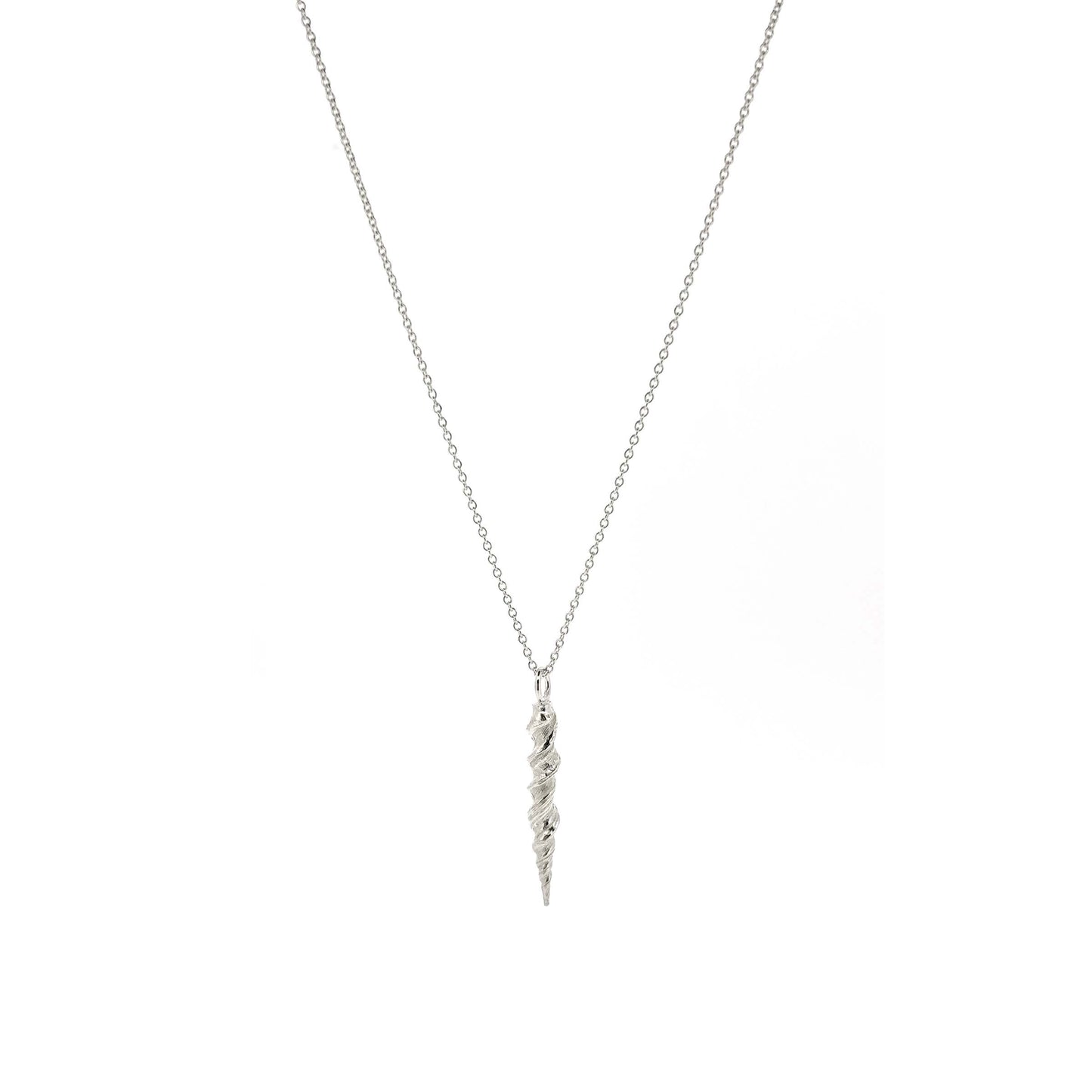 A silver twist pendant with rustic detail on a silver chain.