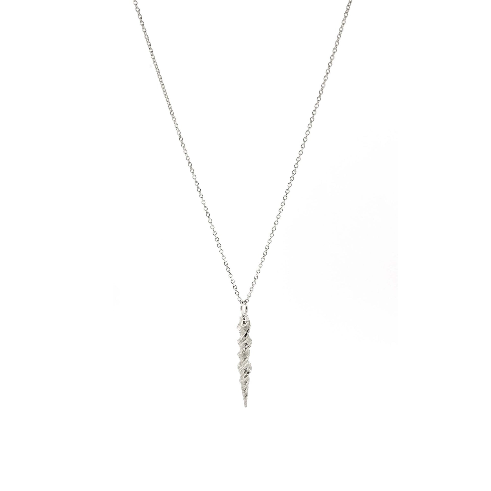 A silver twist pendant with rustic detail on a silver chain.