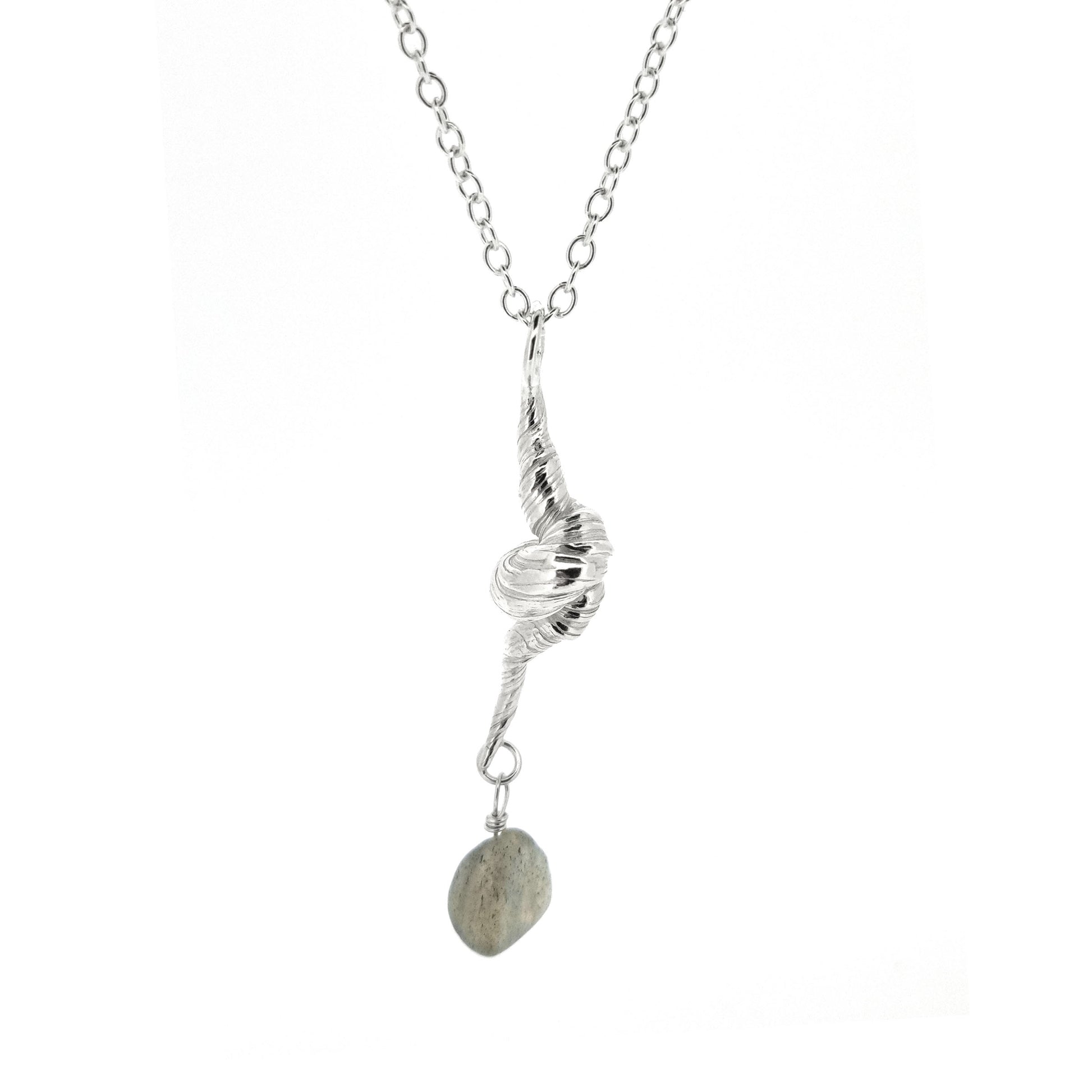 Silver twisted pendant with striations and a labradorite gemstone bead, on a silver chain.