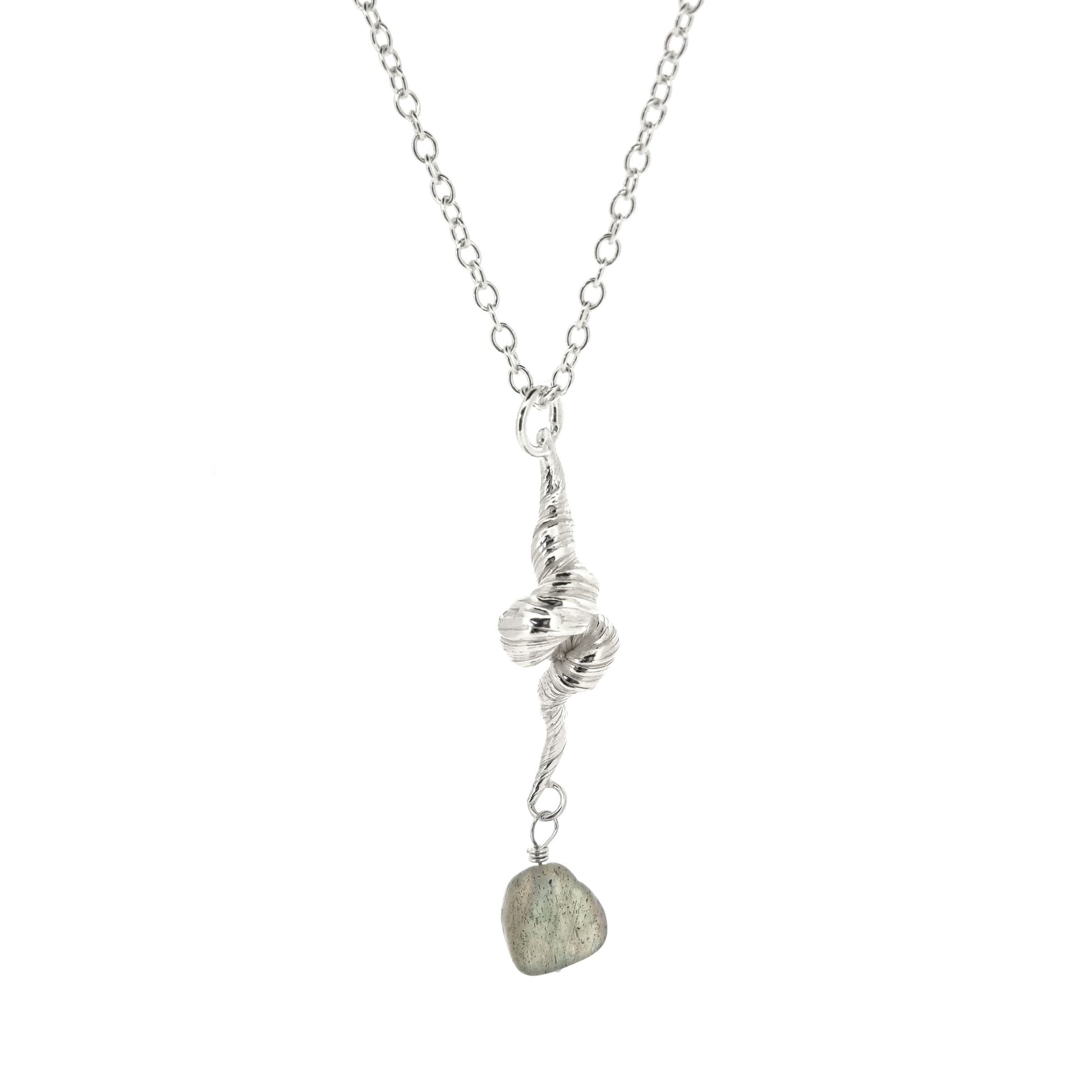 Silver twisted pendant with striations and a labradorite gemstone bead, on a silver chain.