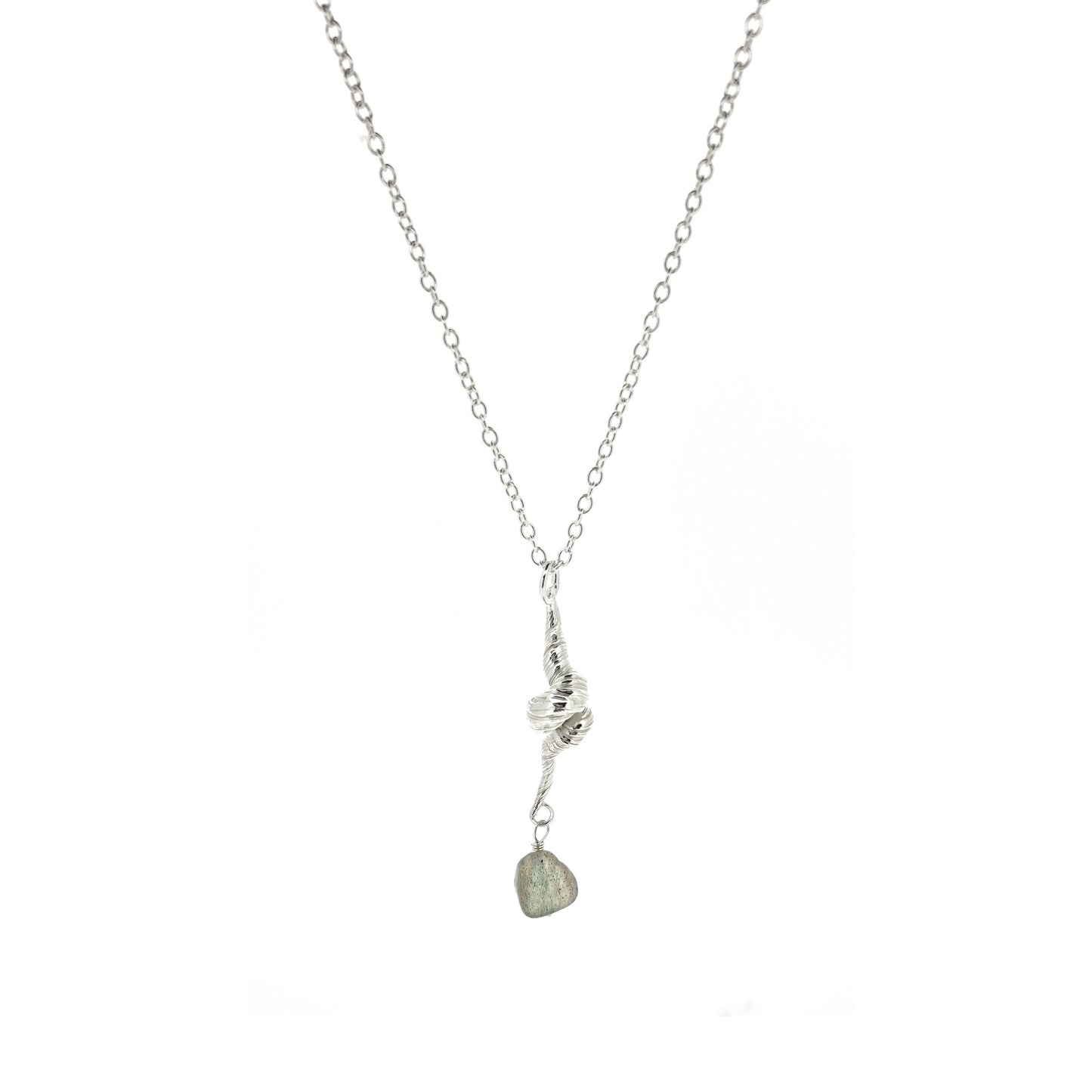 Silver twisted pendant with striations and a labradorite gemstone bead, on a silver chain.