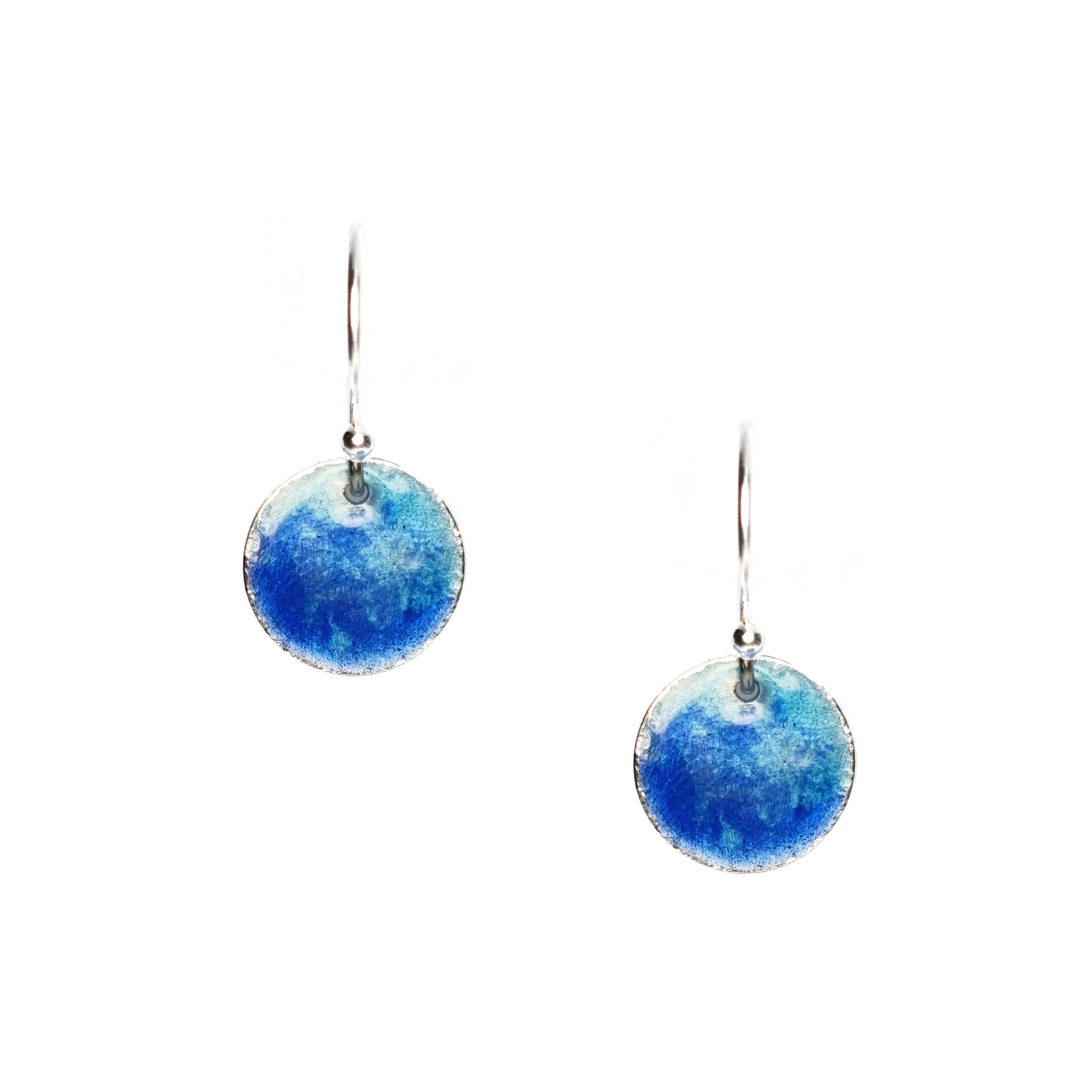 Silver round drop earrings with a mix of dark and light blue enamel.