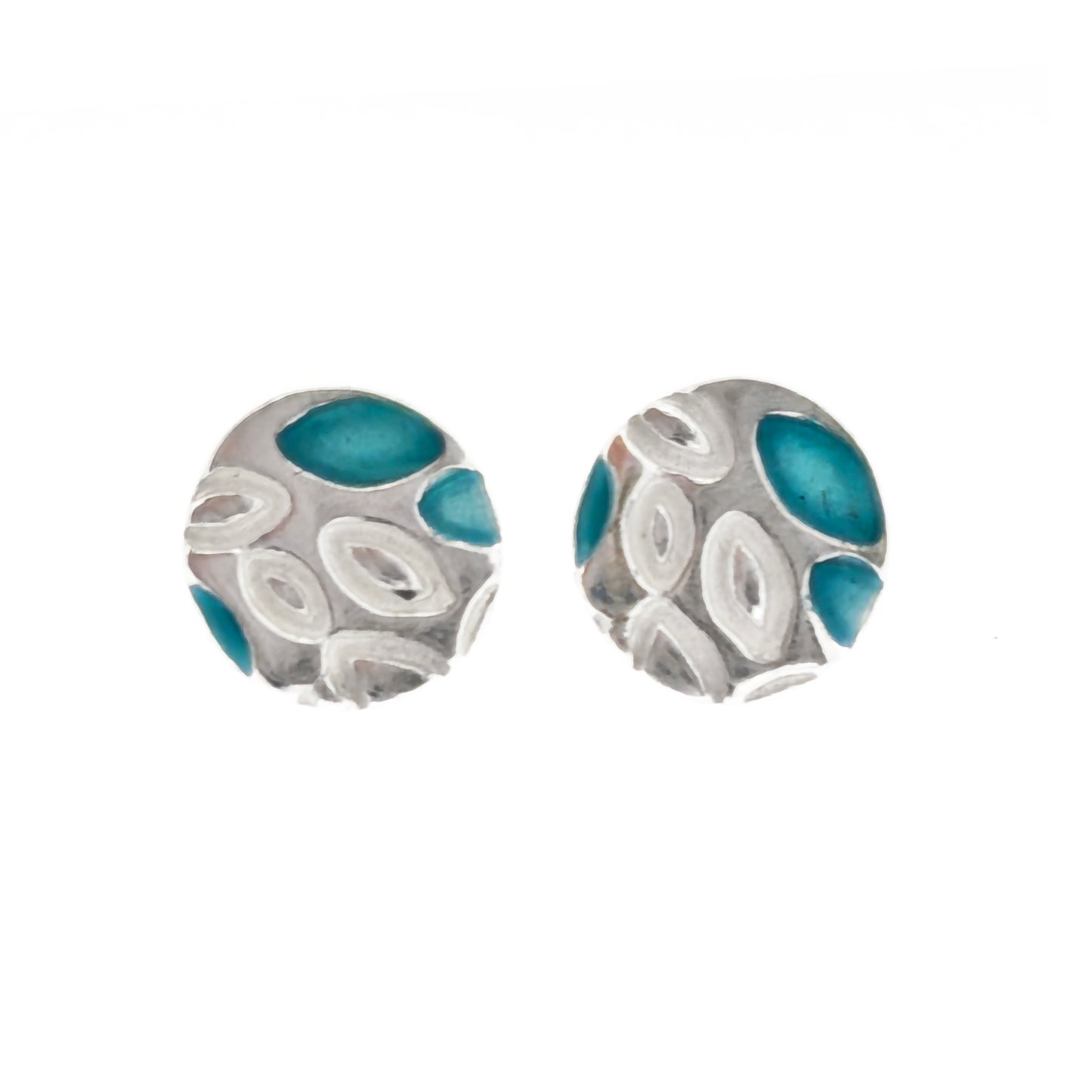 Round silver stud earrings with a leaf shape pattern. Some leaves are filled with turquoise enamel.