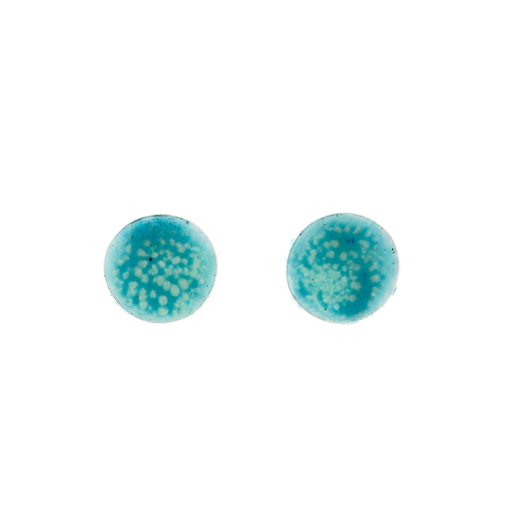 Round silver stud earrings with a turquoise and clear speckled enamel.