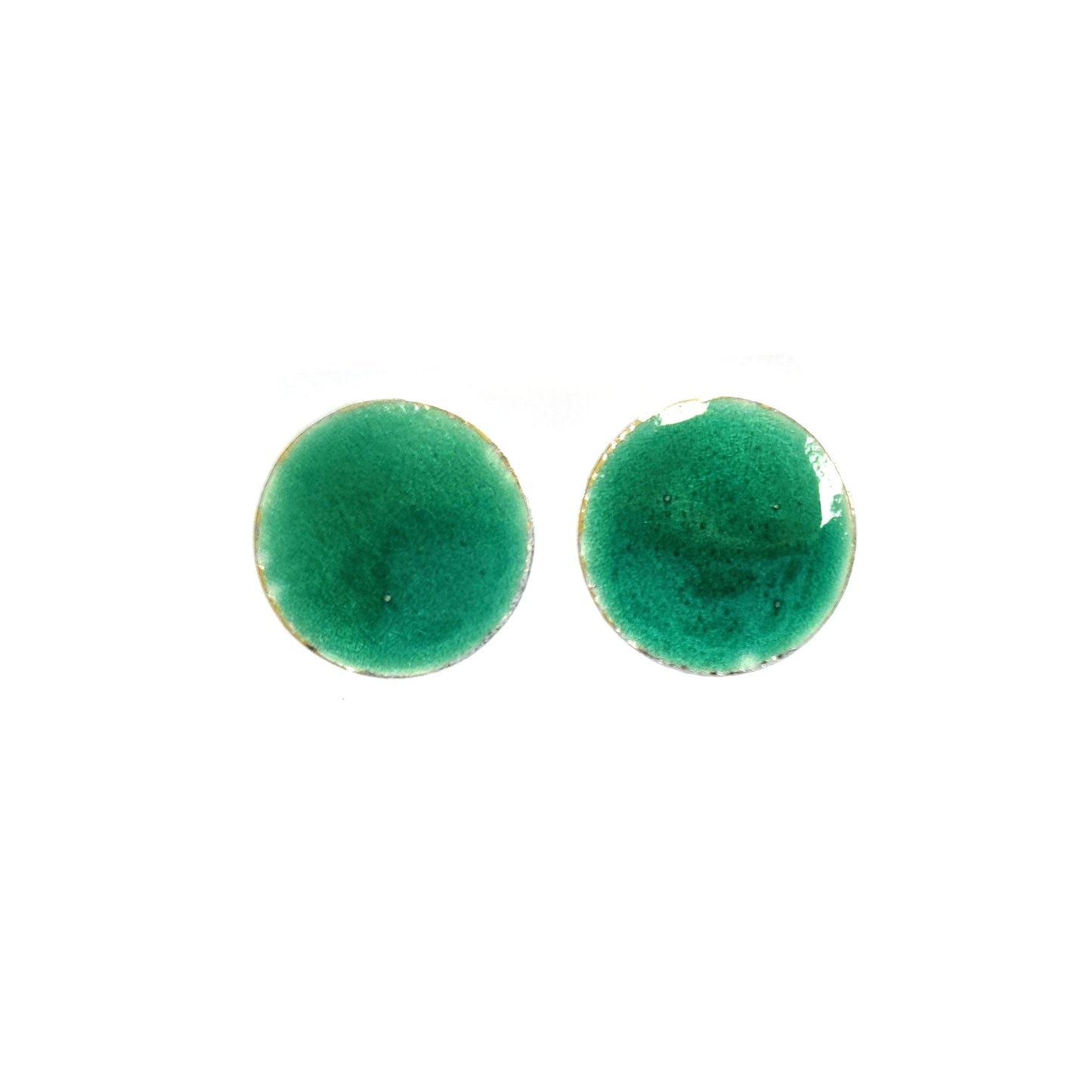 Round silver stud earrings with light green enamel.