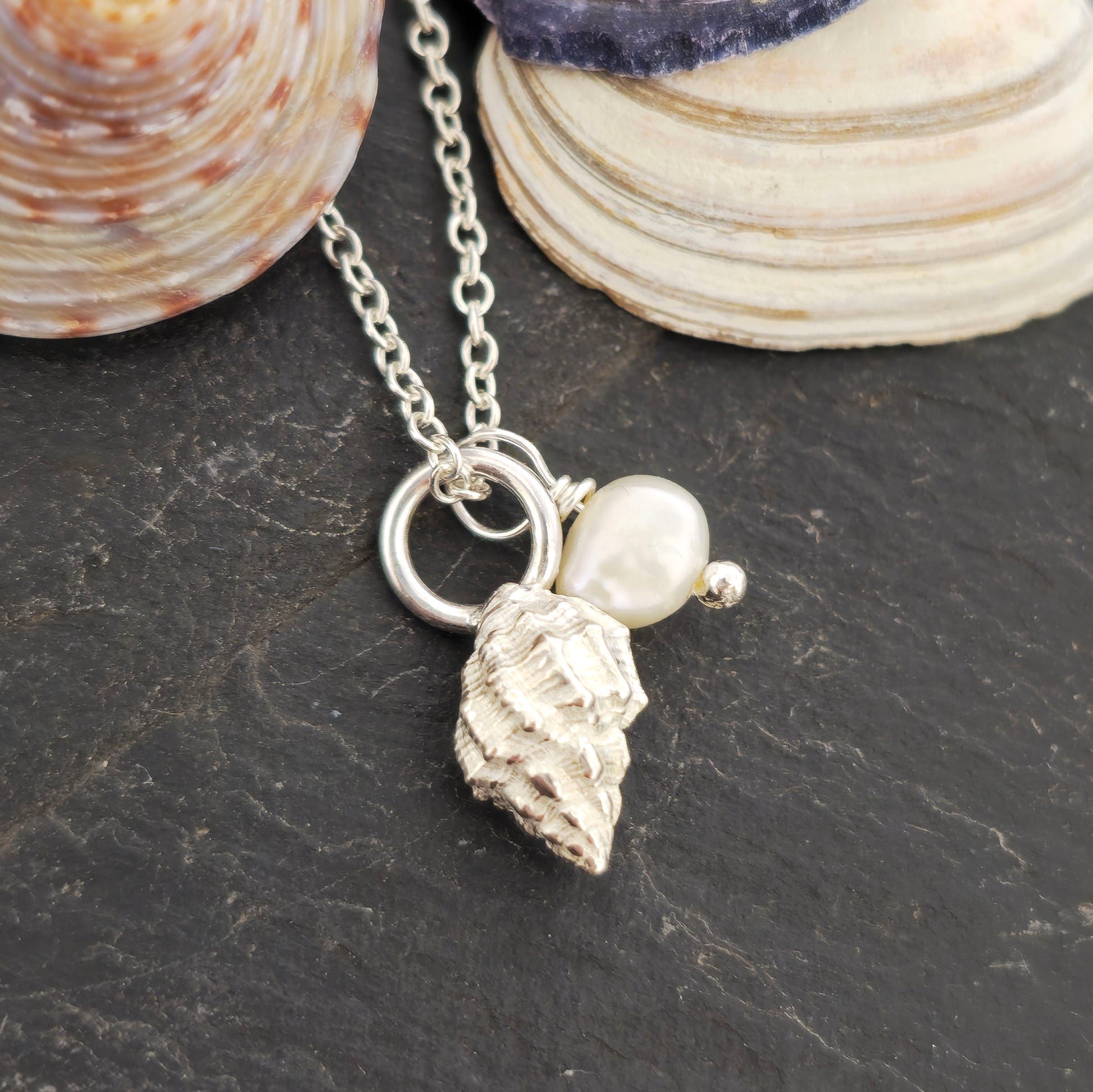 A silver periwinkle shell pendant with a cream coloured pearl suspended from a silver chain. On a black background with shells. Handmade. Mijoux Jewellery.