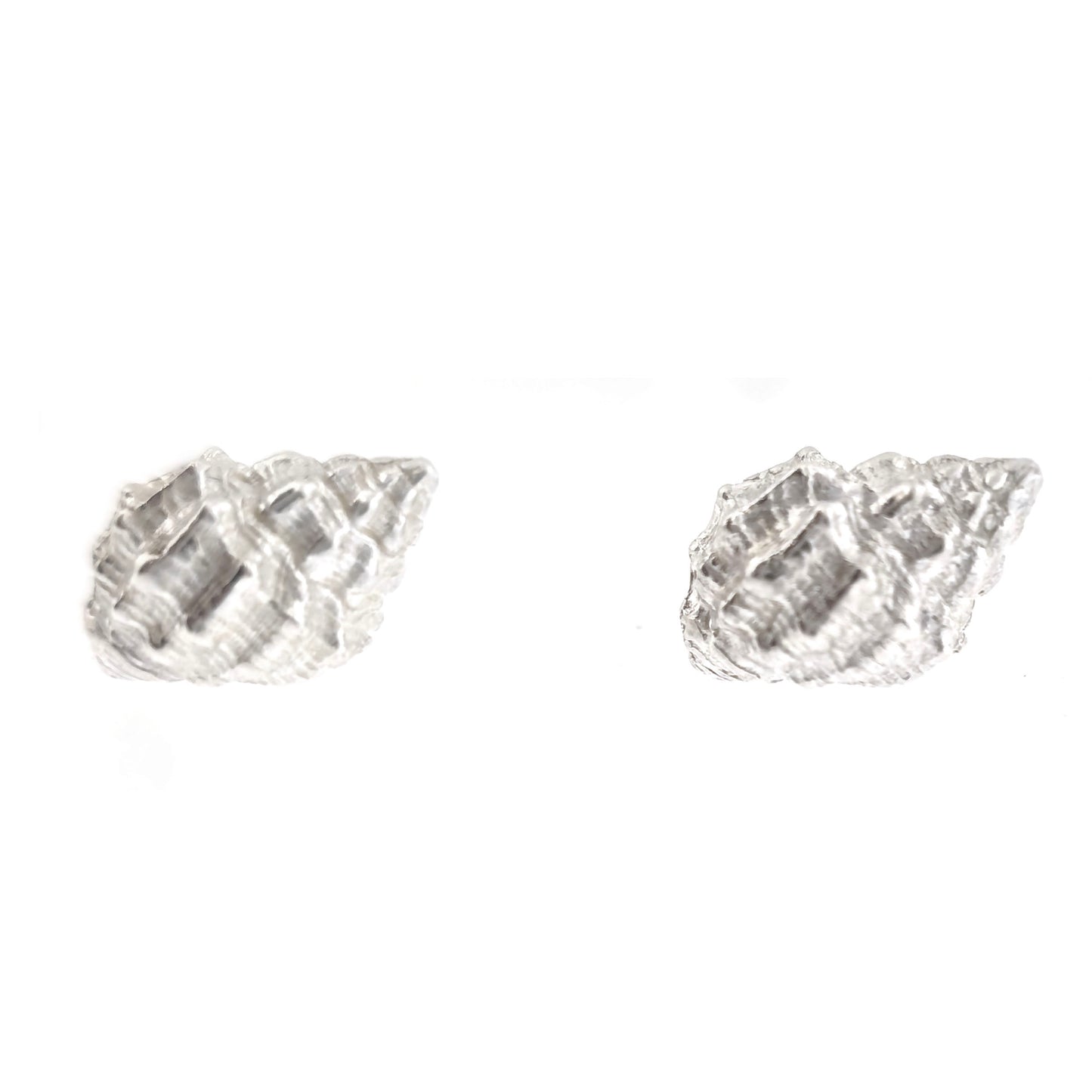 Silver Periwinkle shell stud earrings. Front view on a white background. Handmade. Mijoux Jewellery.