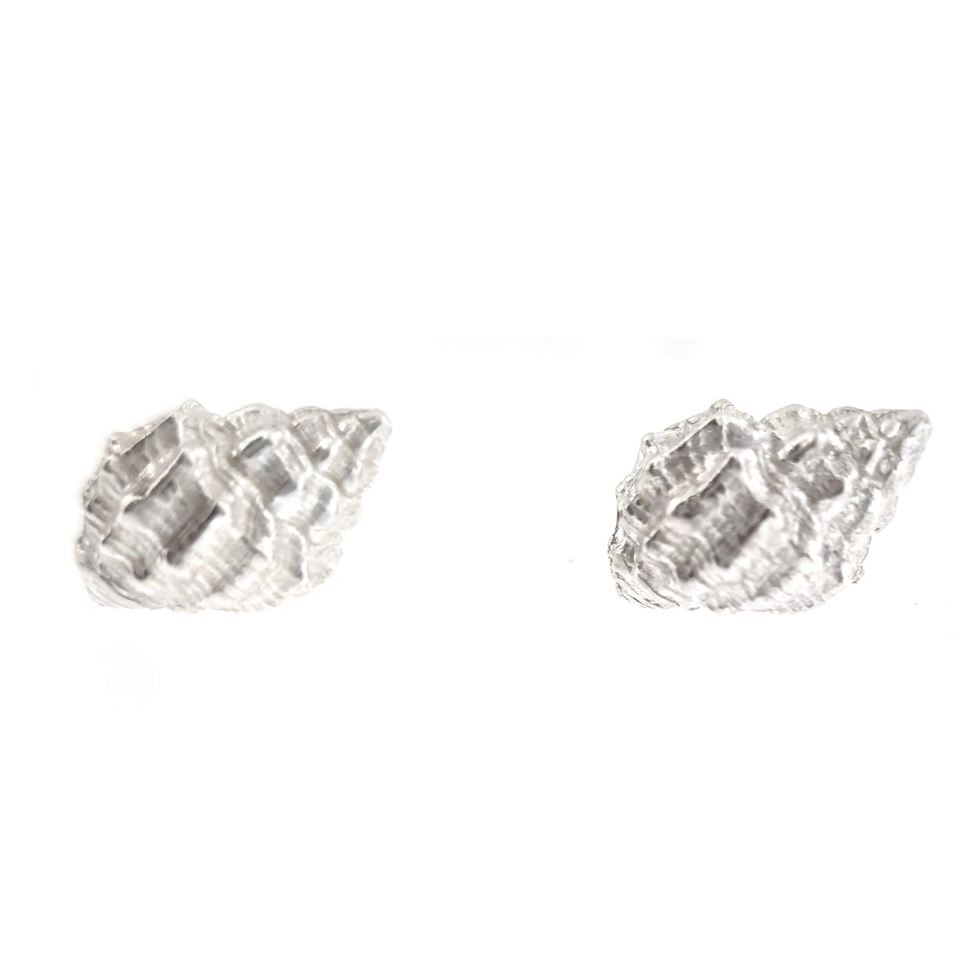 Silver Periwinkle shell stud earrings. Front view on a white background. Handmade. Mijoux Jewellery.