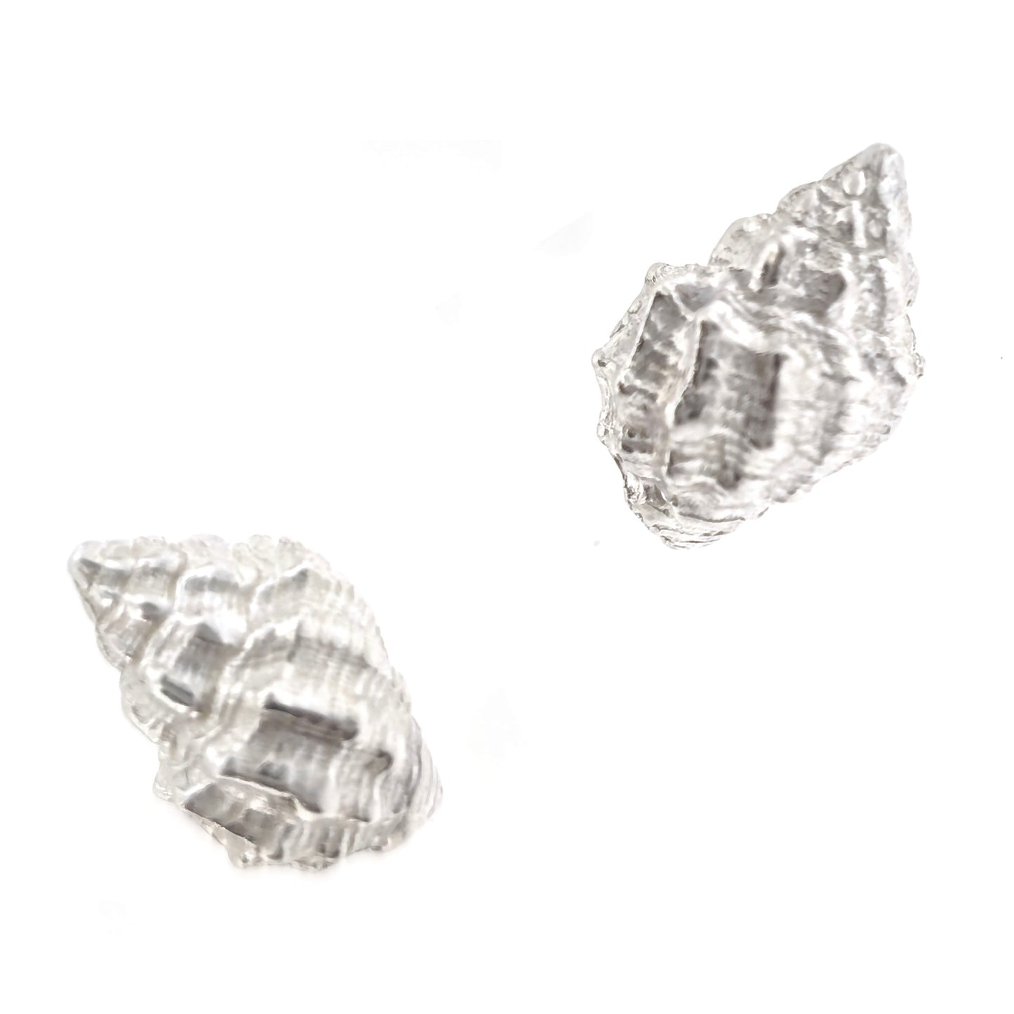 Silver Periwinkle shell stud earrings. Front view on a white background. Handmade. Mijoux Jewellery.