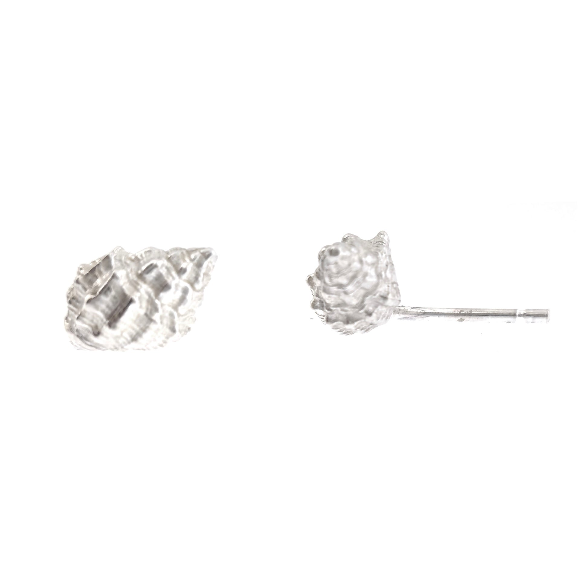 Silver Periwinkle shell stud earrings. Front & side view. Handmade. Mijoux Jewellery.