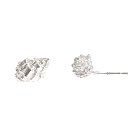 Silver Periwinkle shell stud earrings. Front & side view. Handmade. Mijoux Jewellery.