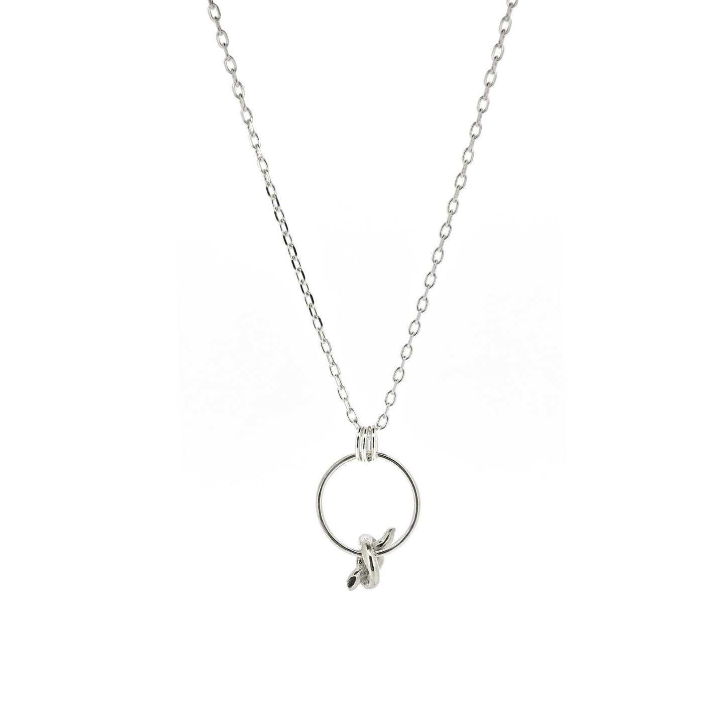 Silver circle pendant with spinning knot charm and triple circle bail. Suspended on a silver chain.