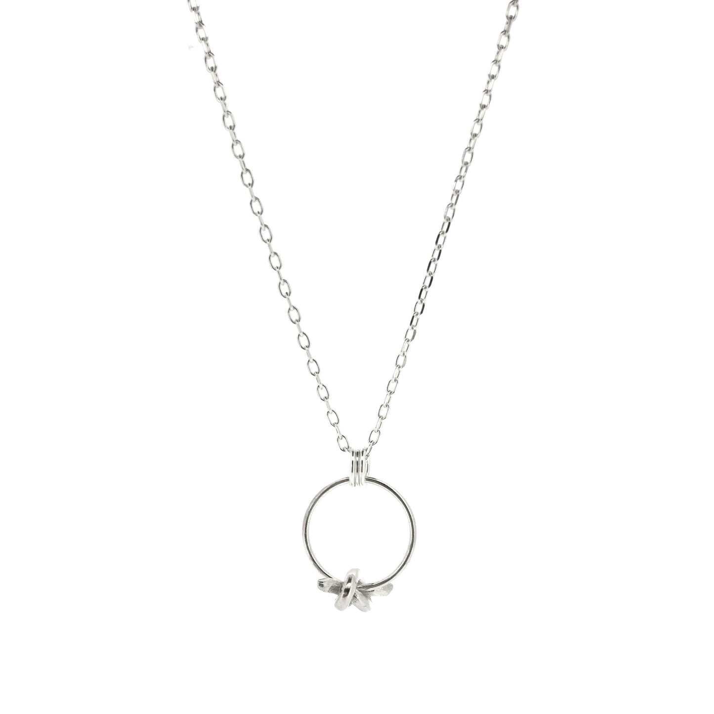 Silver circle pendant with spinning knot charm and triple circle bail. Suspended on a silver chain.