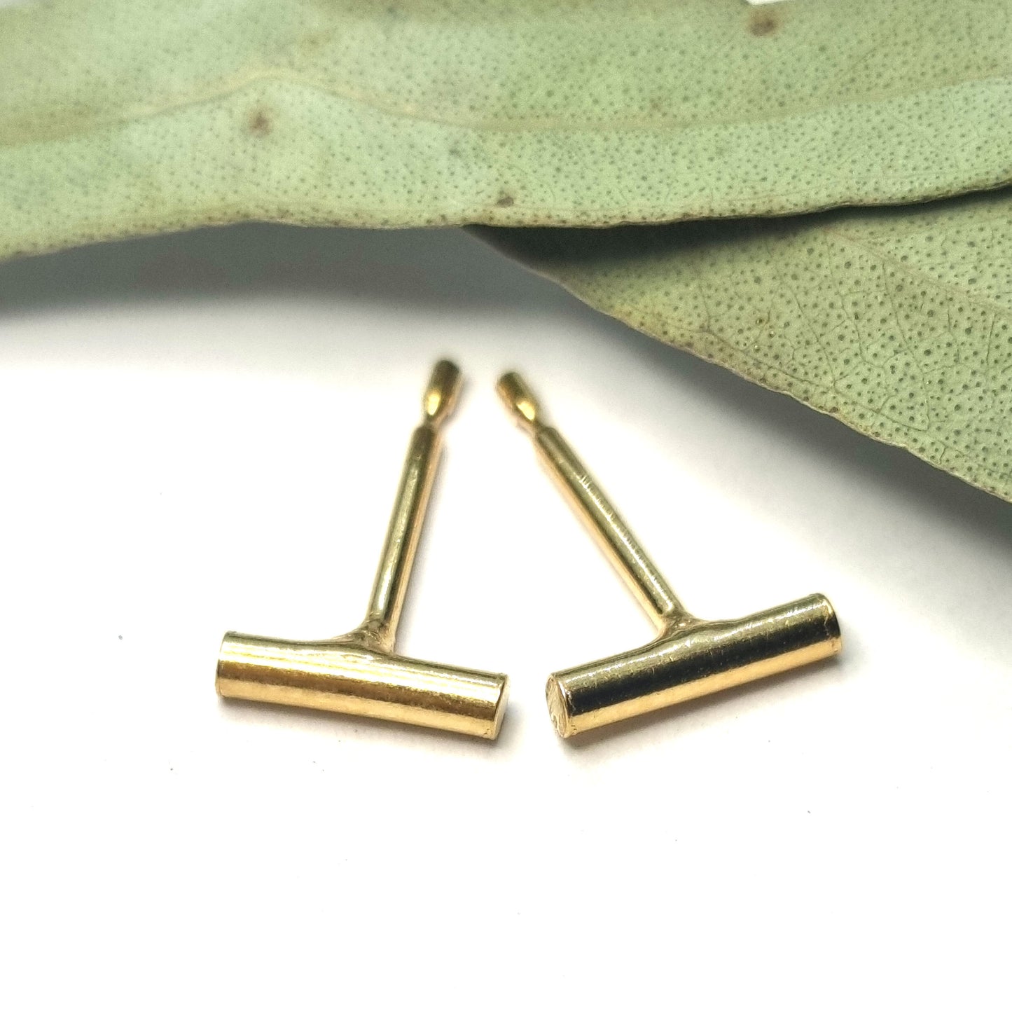 Yellow gold vermeil rounded bar stud earrings. Pictured with leaves.