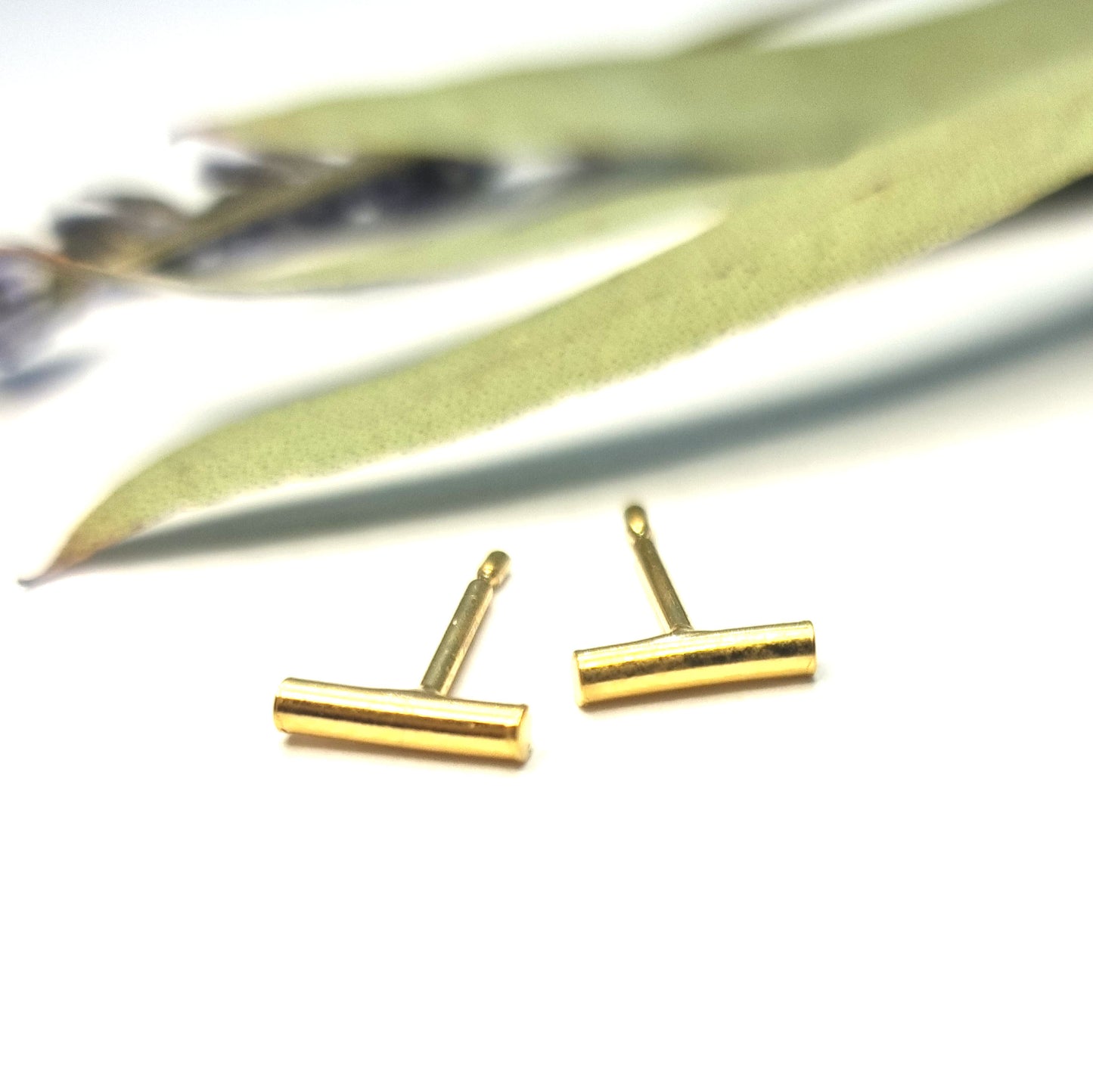 Yellow gold vermeil rounded bar stud earrings. Pictured with leaves.