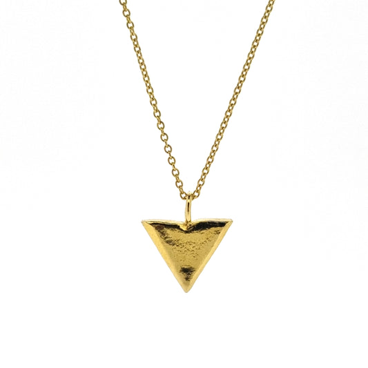 A yellow gold vermeil triangle pendant on a yellow gold vermeil chain.