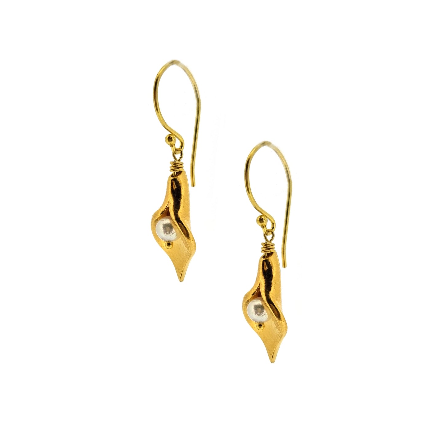 Yellow gold vermeil cala lily drop earrings with freshwater pearls.