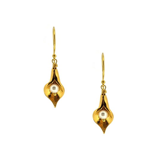 Yellow gold vermeil cala lily drop earrings with freshwater pearls.