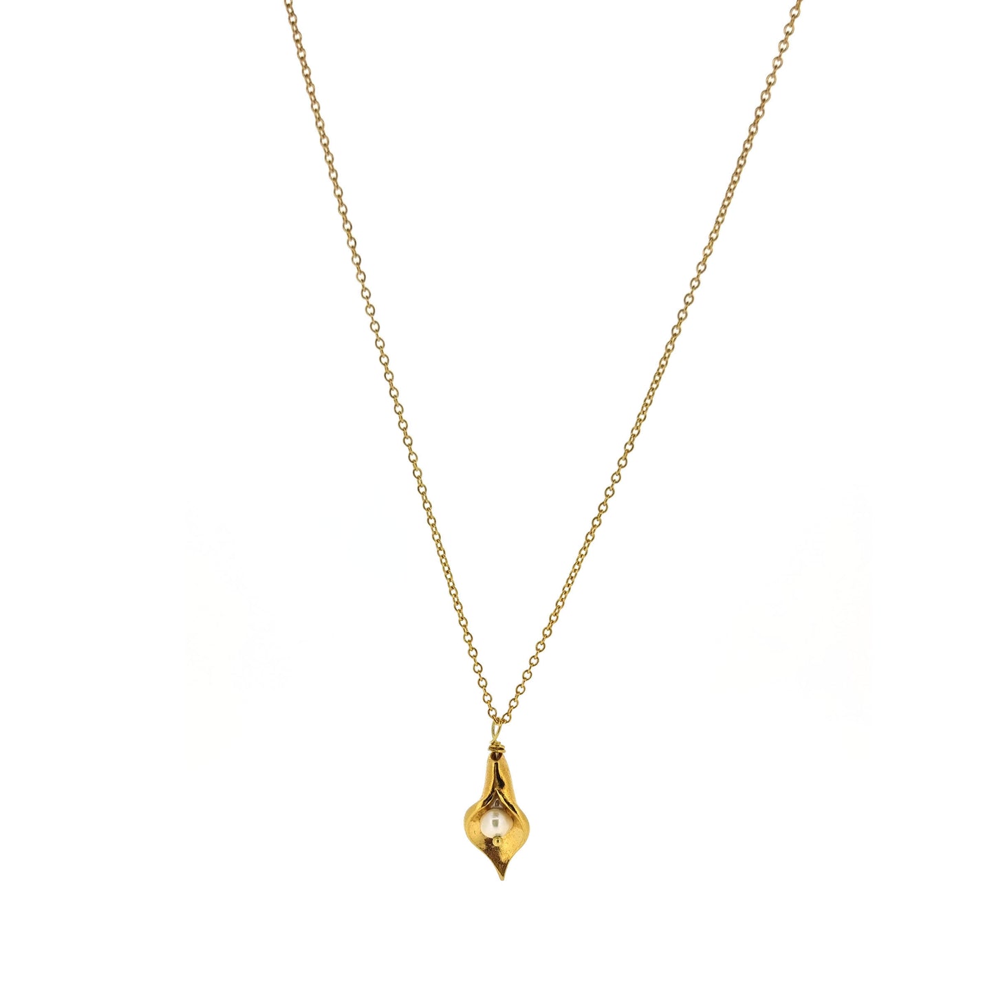 A yellow gold vermeil calla lily pendant with a freshwater white pearl on a yellow gold vermeil chain.