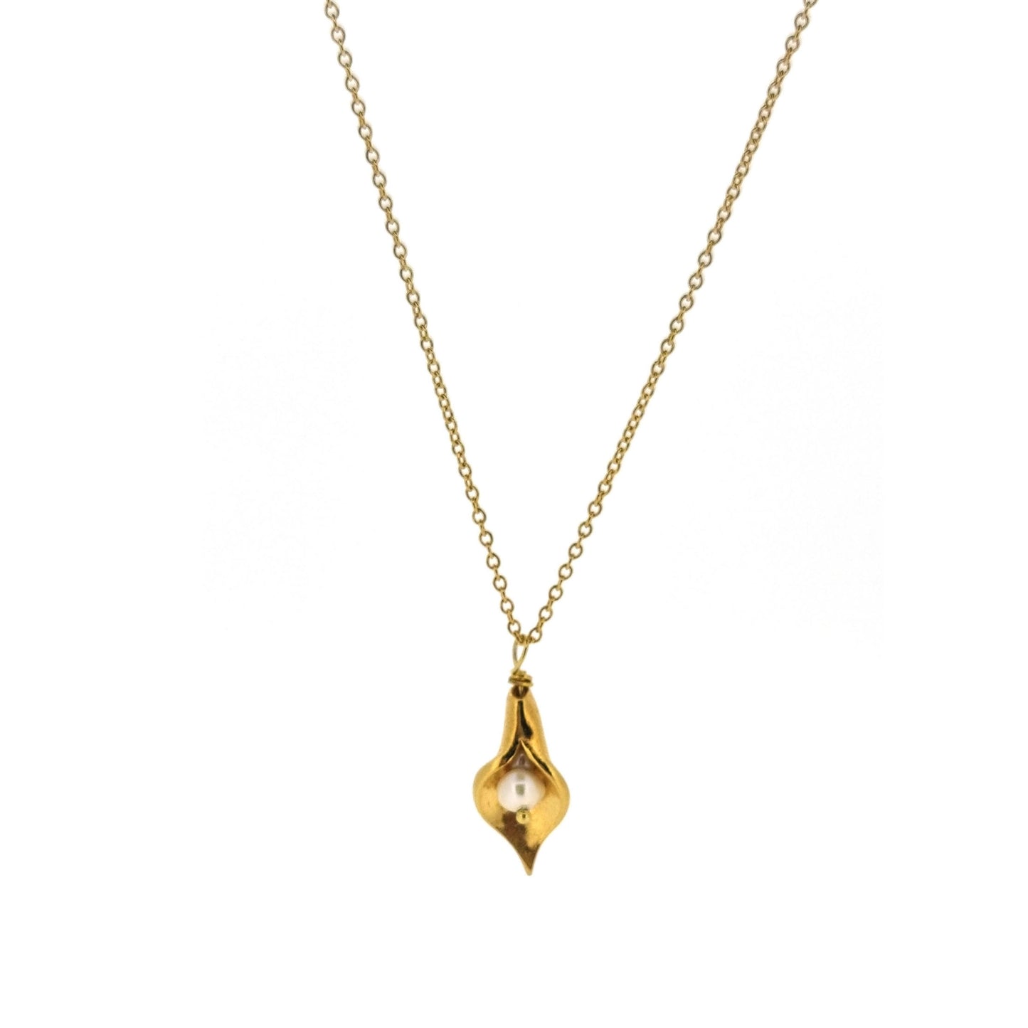 A yellow gold vermeil calla lily pendant with a freshwater white pearl on a yellow gold vermeil chain.