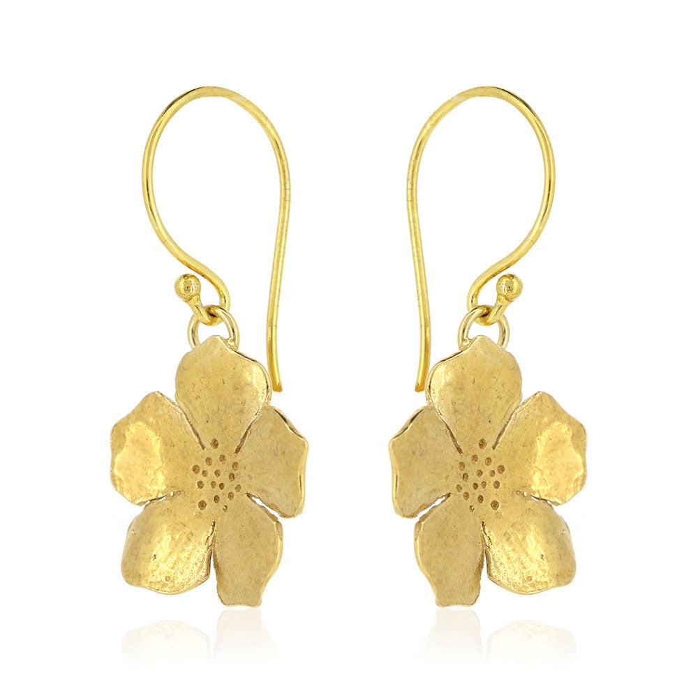 Yellow gold vermeil 5 petal flower drop earrings.