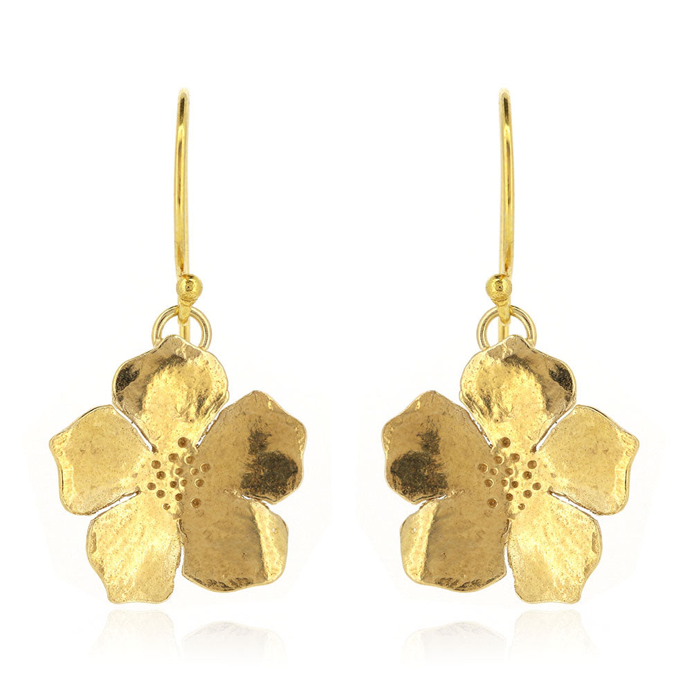 Yellow gold vermeil 5 petal flower drop earrings.