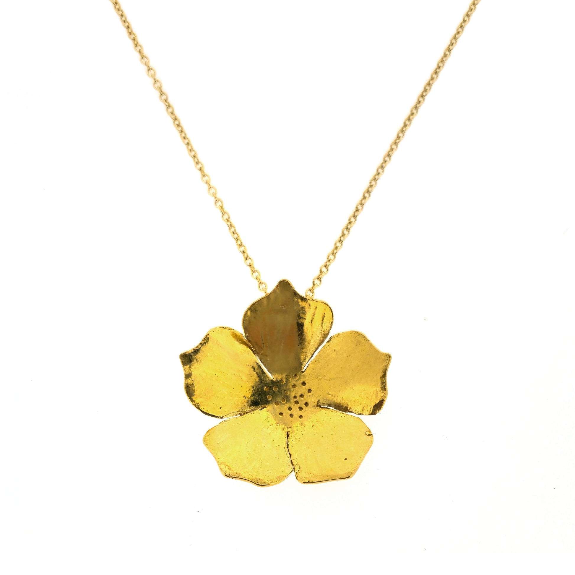 A yellow gold vermeil 5 petal flower pendant on a yellow gold vermeil chain. Large.